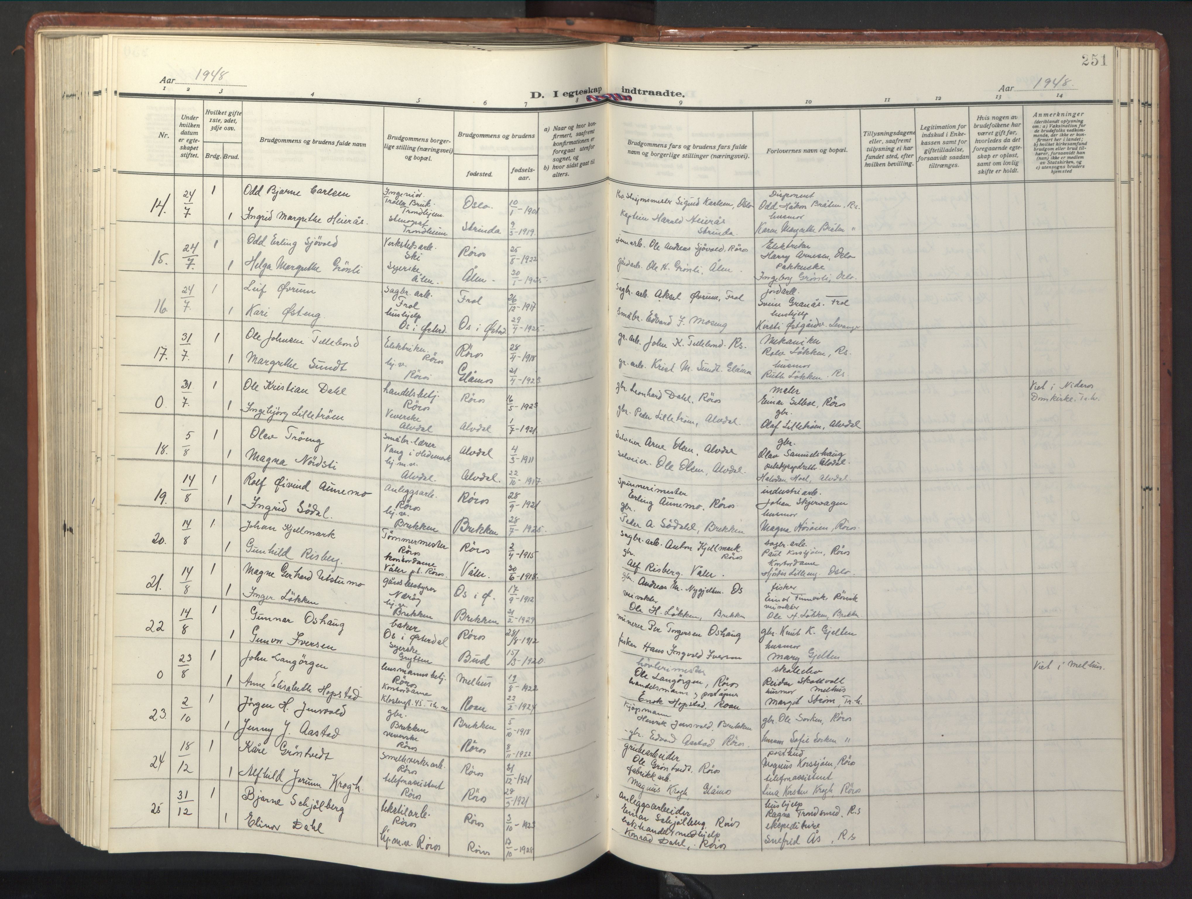 Ministerialprotokoller, klokkerbøker og fødselsregistre - Sør-Trøndelag, SAT/A-1456/681/L0943: Parish register (copy) no. 681C07, 1926-1954, p. 251