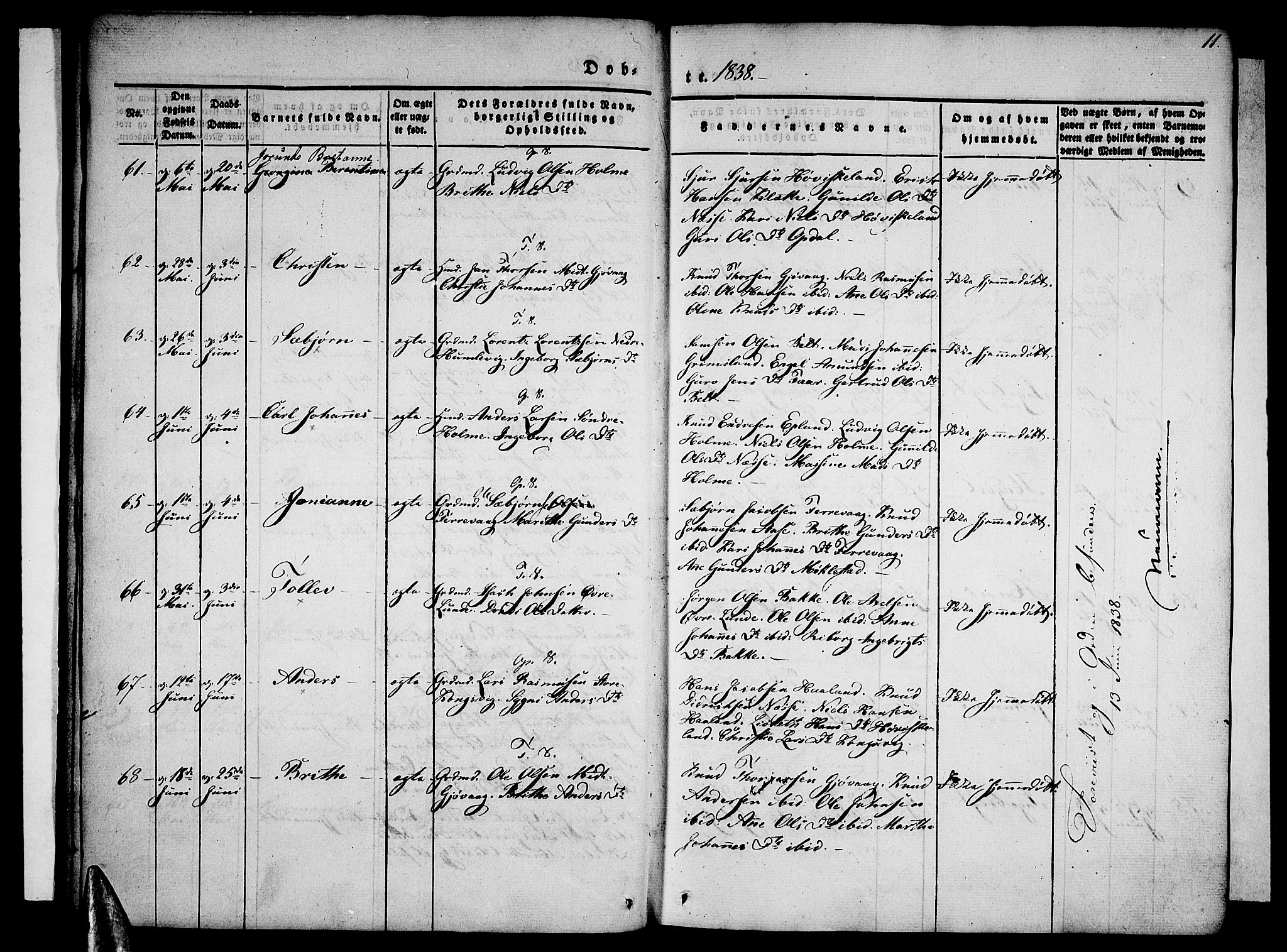 Tysnes sokneprestembete, SAB/A-78601/H/Haa: Parish register (official) no. A 9, 1837-1848, p. 11