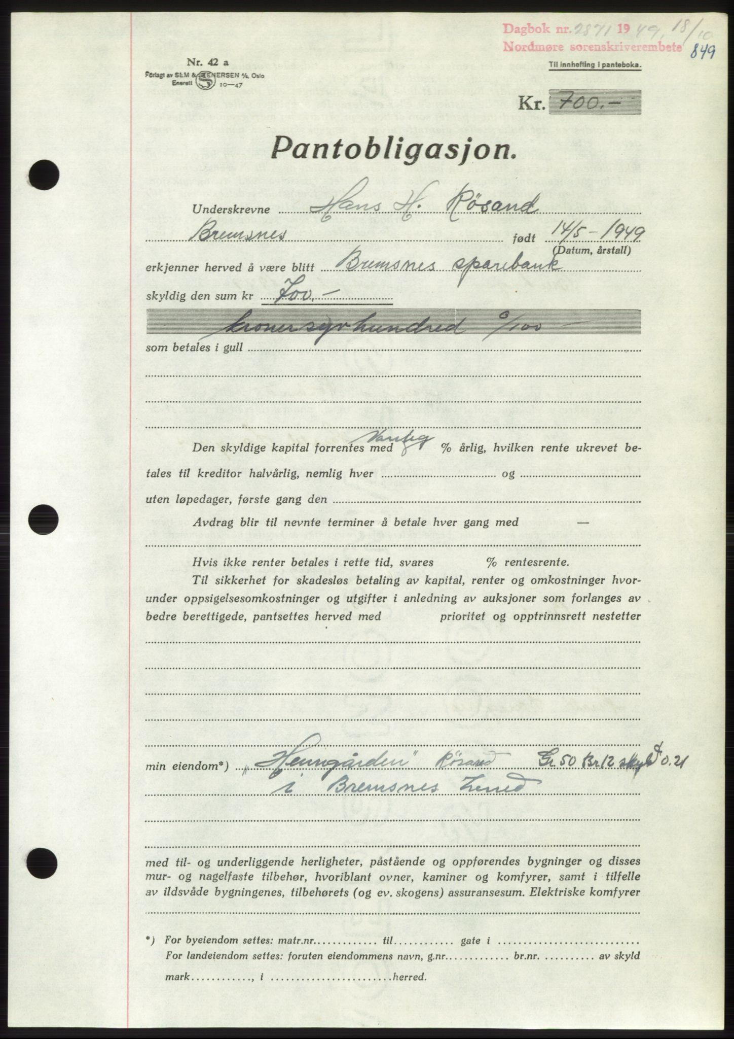 Nordmøre sorenskriveri, AV/SAT-A-4132/1/2/2Ca: Mortgage book no. B102, 1949-1949, Diary no: : 2871/1949