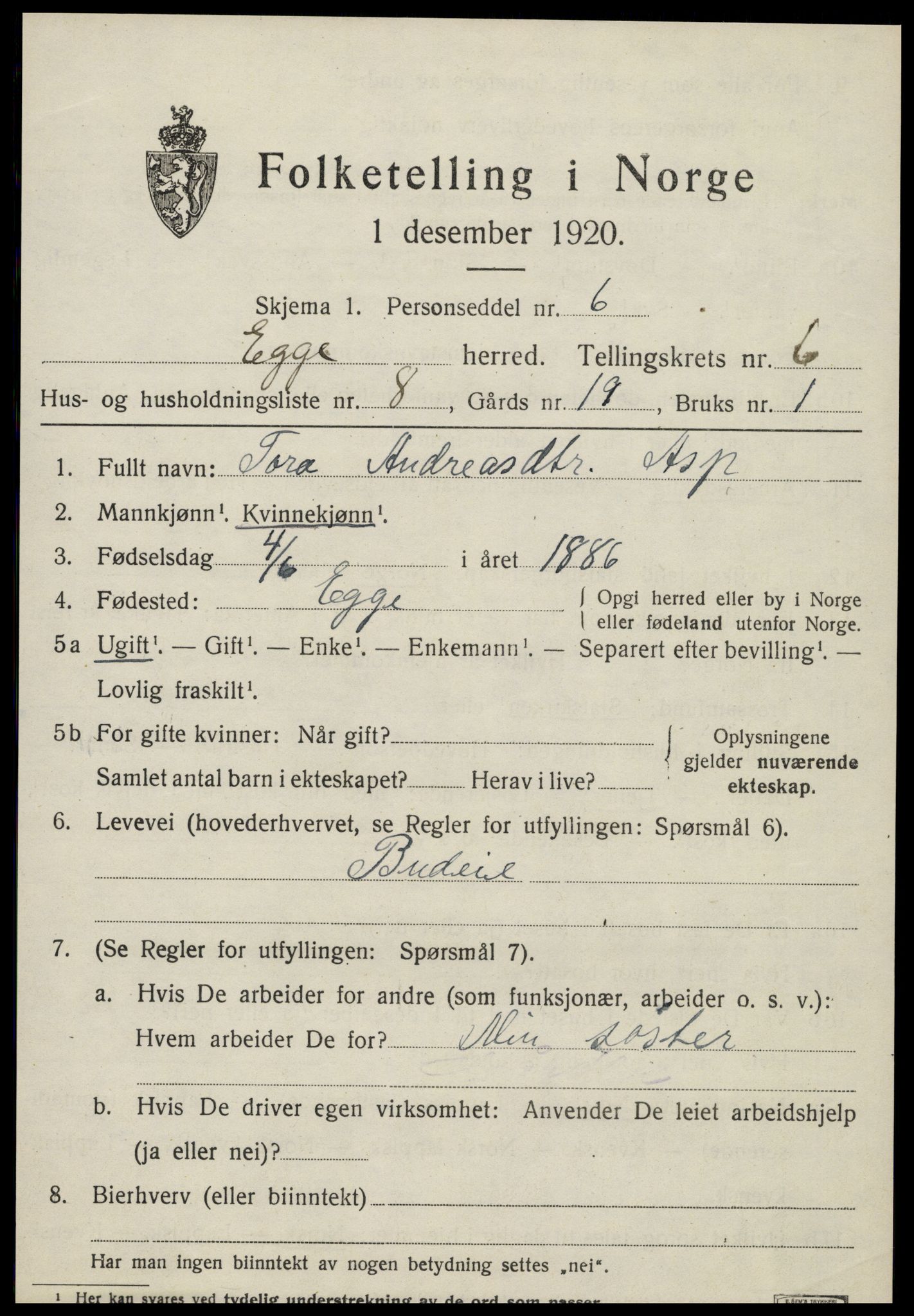 SAT, 1920 census for Egge, 1920, p. 3890