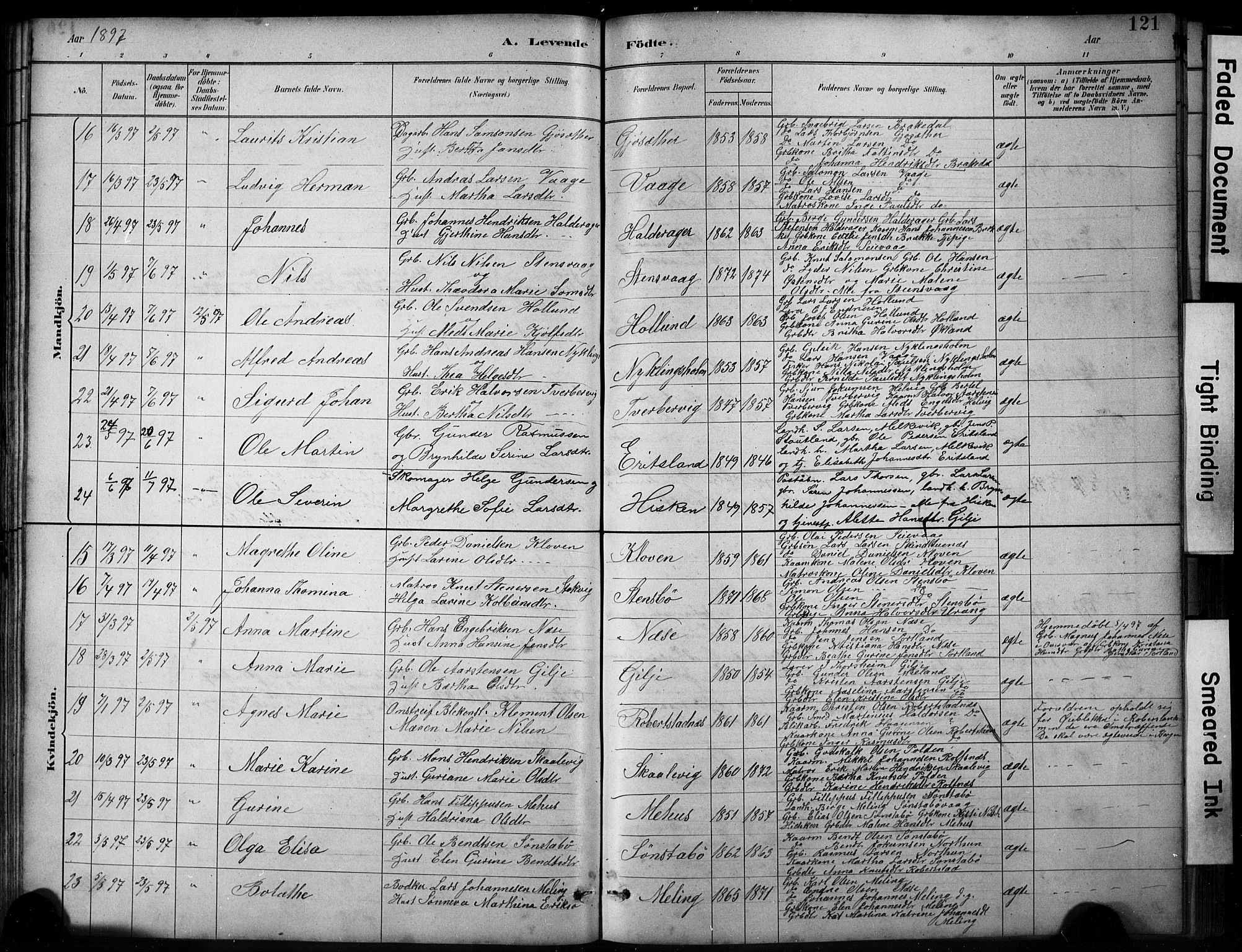 Finnås sokneprestembete, SAB/A-99925/H/Ha/Hab/Habb/L0003: Parish register (copy) no. B 3, 1882-1897, p. 121