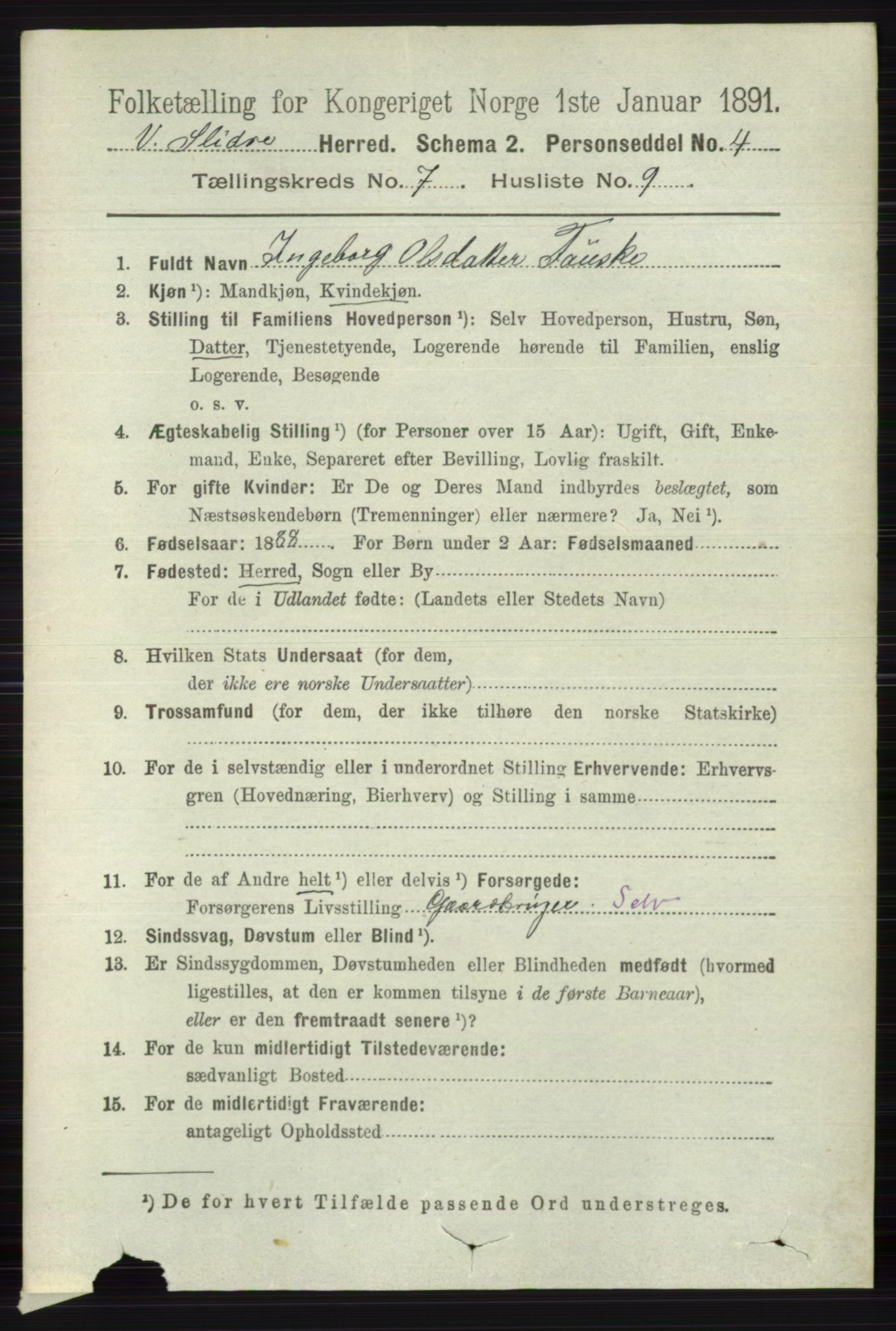 RA, 1891 census for 0543 Vestre Slidre, 1891, p. 2693