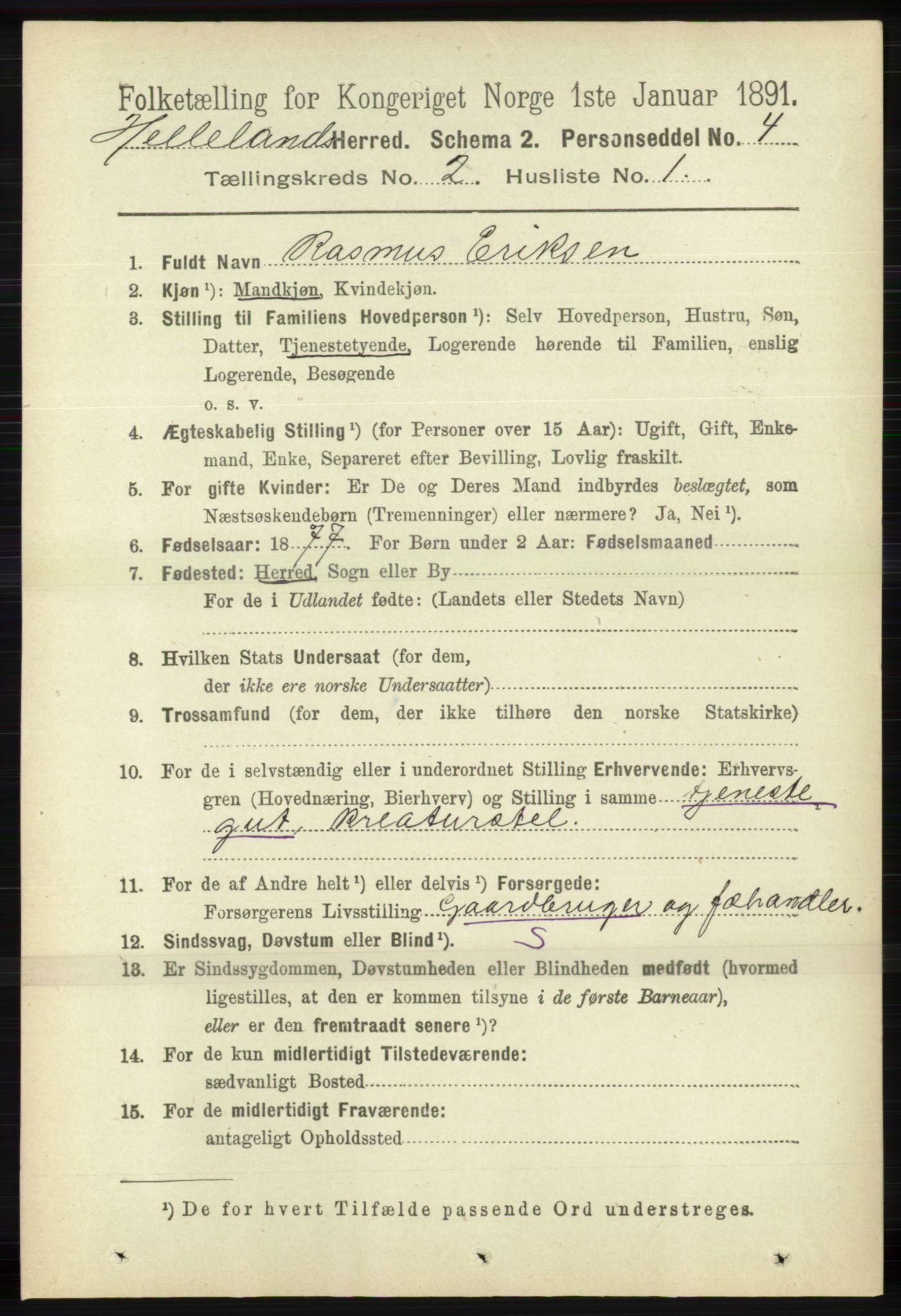 RA, 1891 census for 1115 Helleland, 1891, p. 438