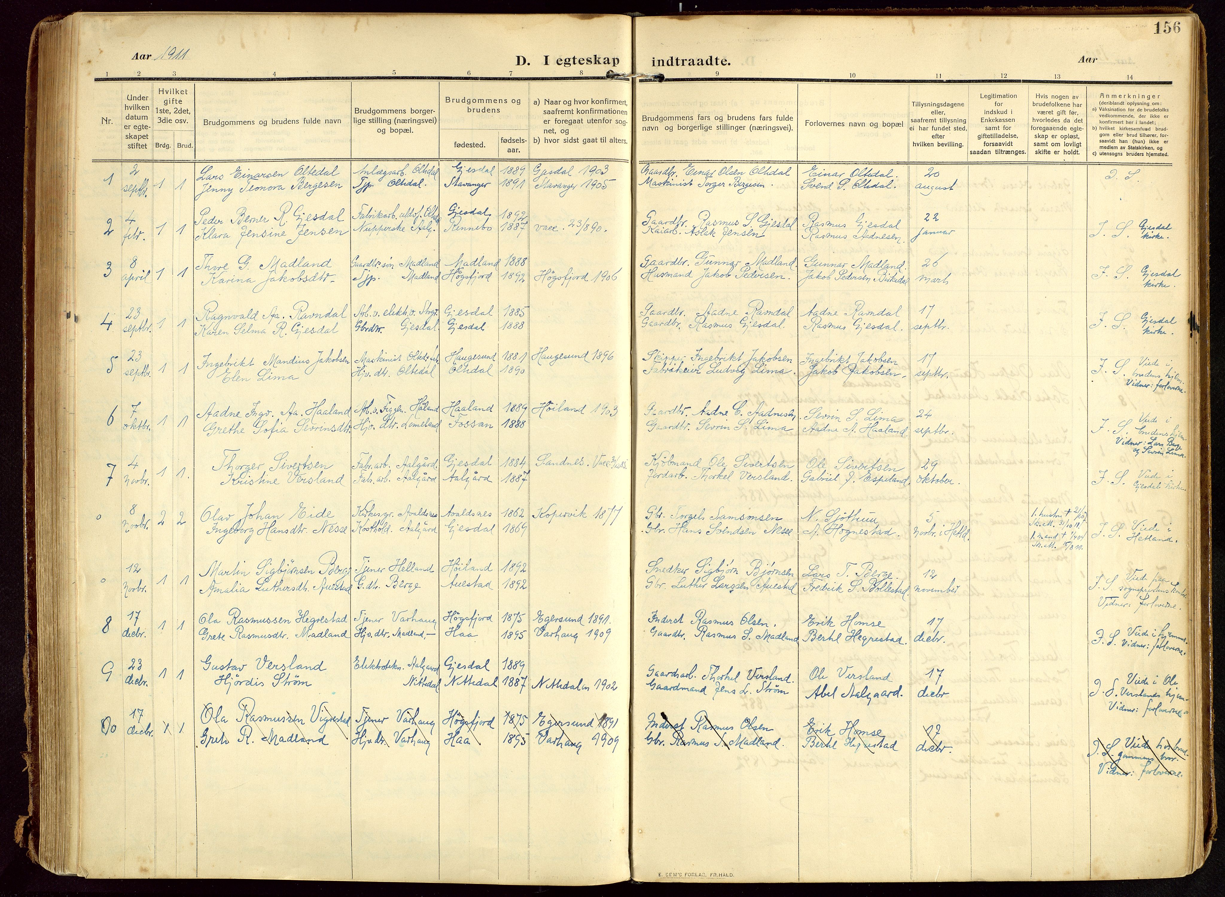 Lye sokneprestkontor, SAST/A-101794/002/B/L0001: Parish register (official) no. A 13, 1910-1925, p. 156