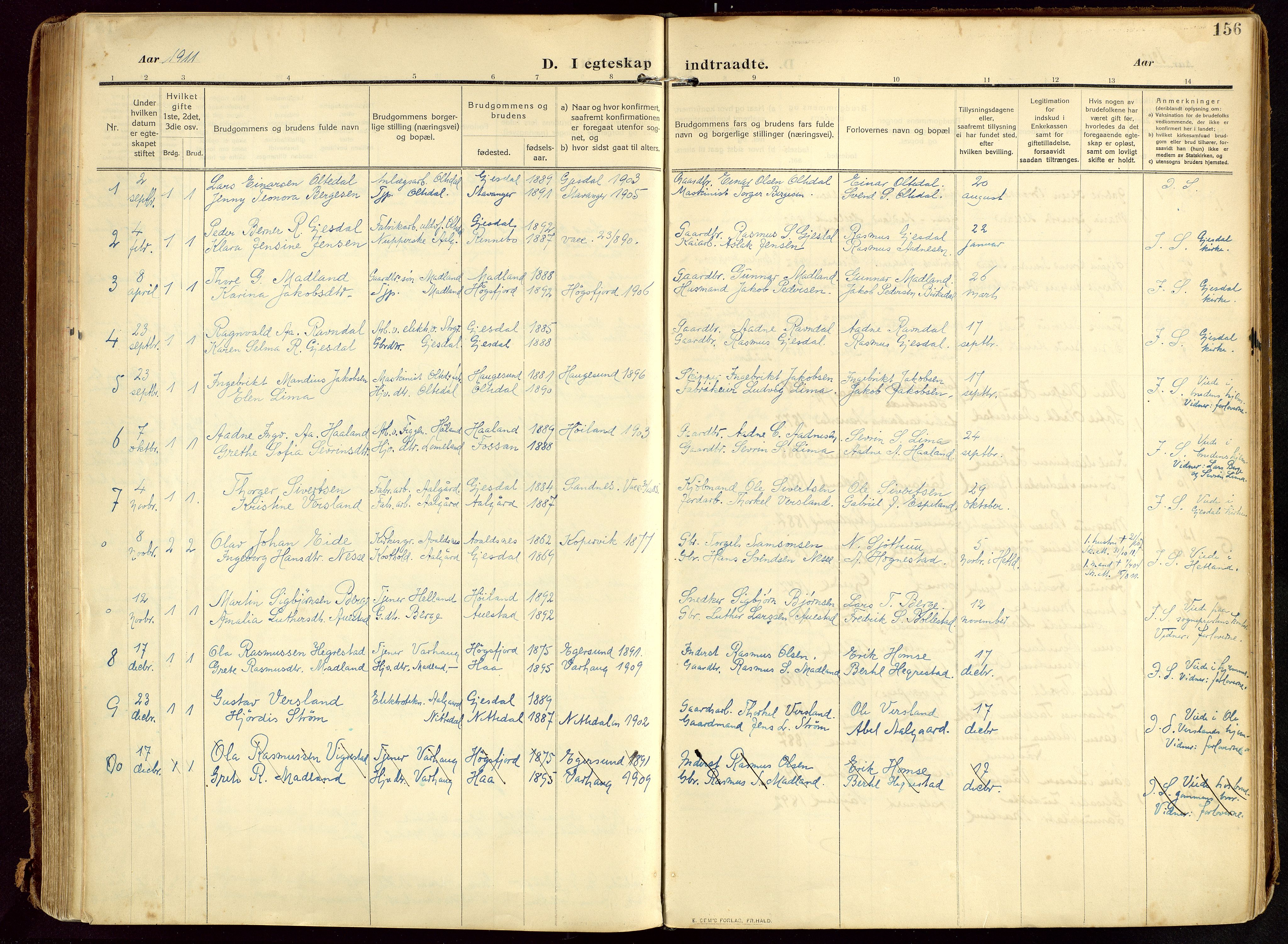 Lye sokneprestkontor, AV/SAST-A-101794/002/B/L0001: Parish register (official) no. A 13, 1910-1925, p. 156