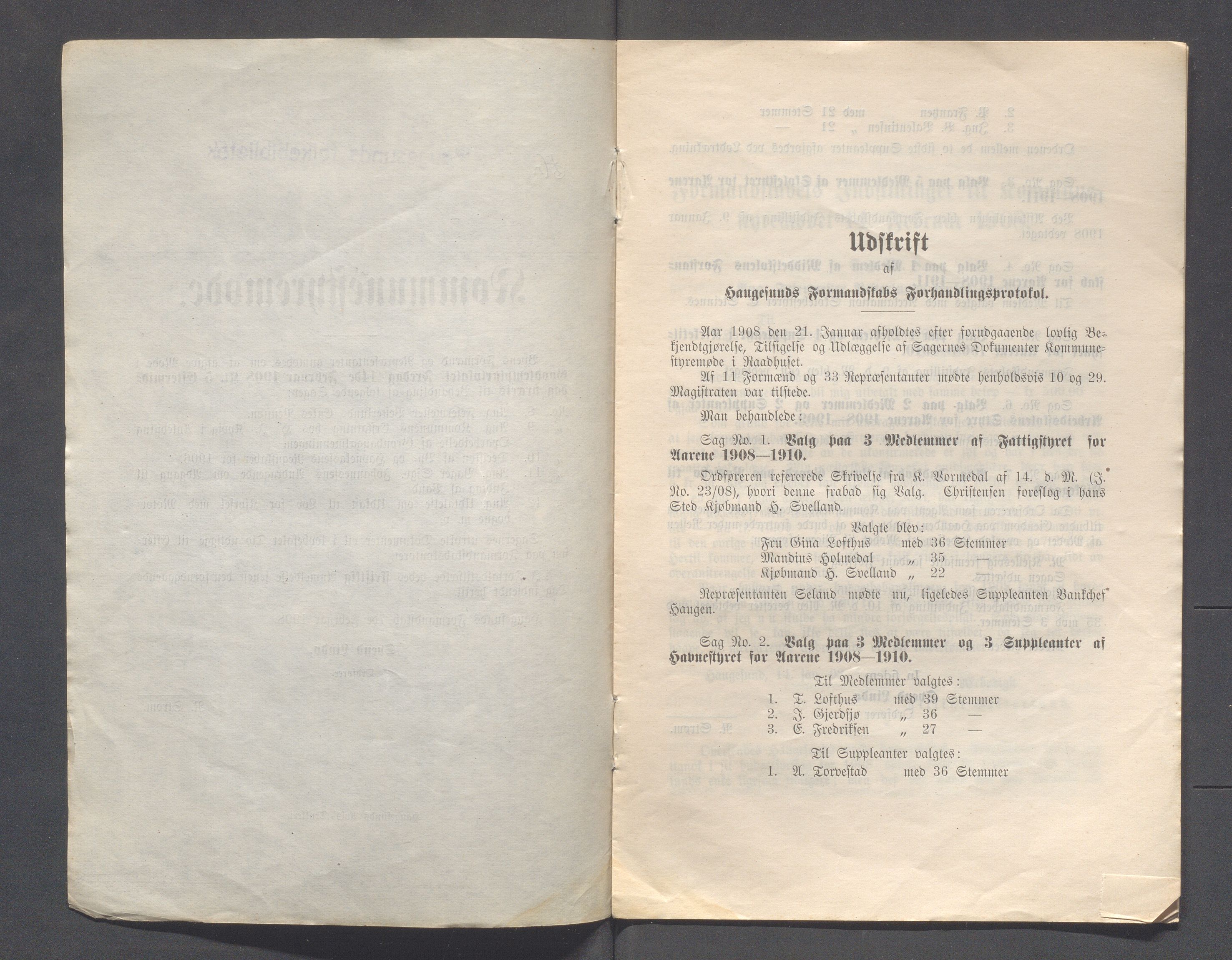 Haugesund kommune - Formannskapet og Bystyret, IKAR/A-740/A/Abb/L0002: Bystyreforhandlinger, 1908-1917, p. 7