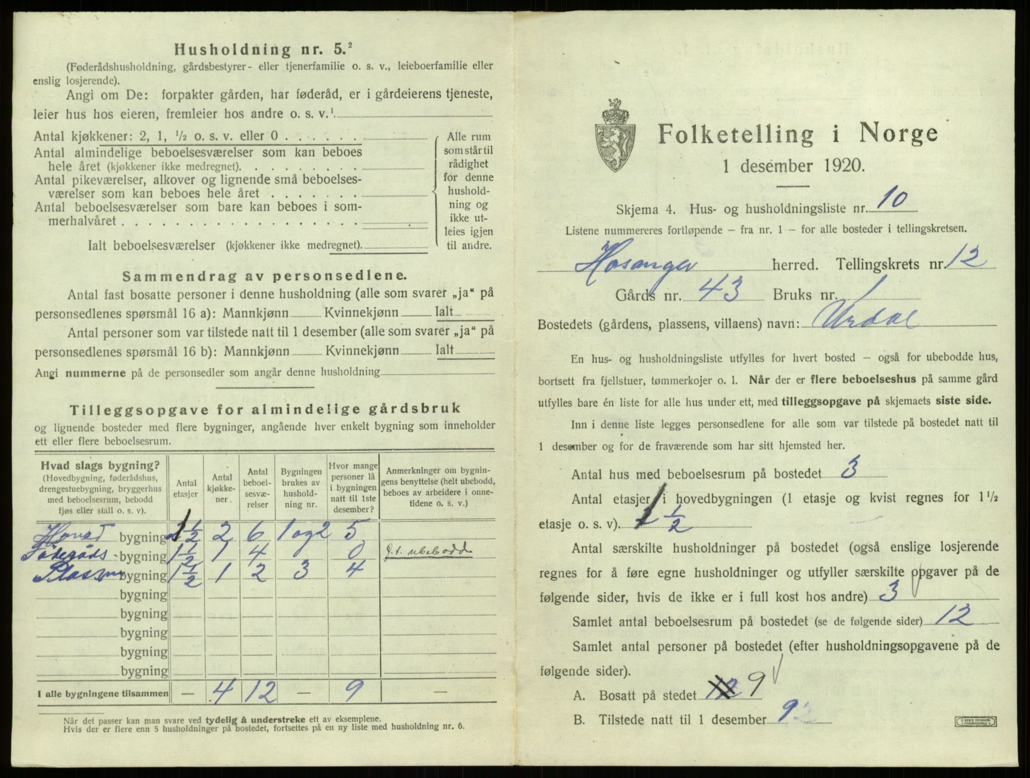 SAB, 1920 census for Hosanger, 1920, p. 662