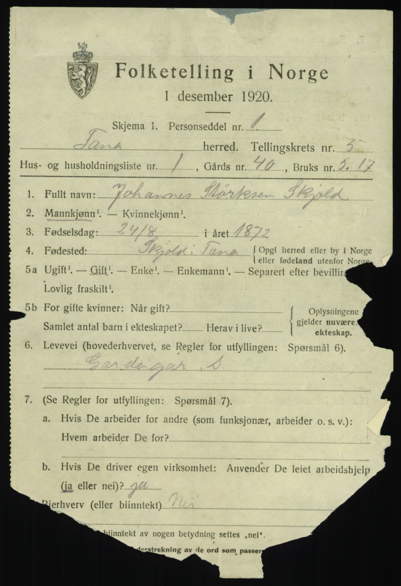 SAB, 1920 census for Fana, 1920, p. 7027