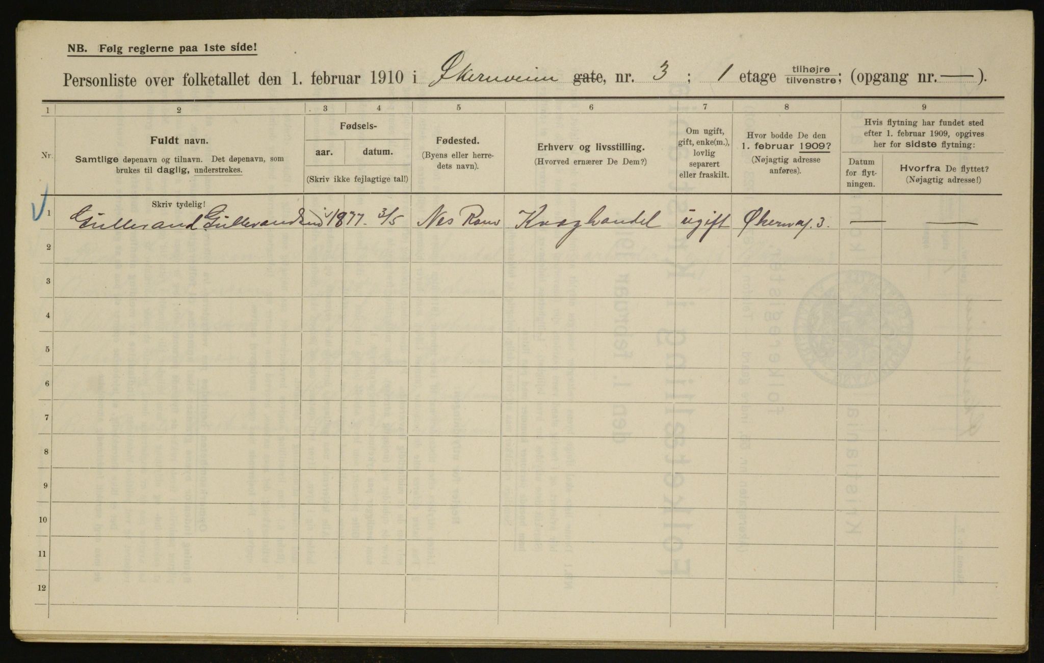 OBA, Municipal Census 1910 for Kristiania, 1910, p. 122034