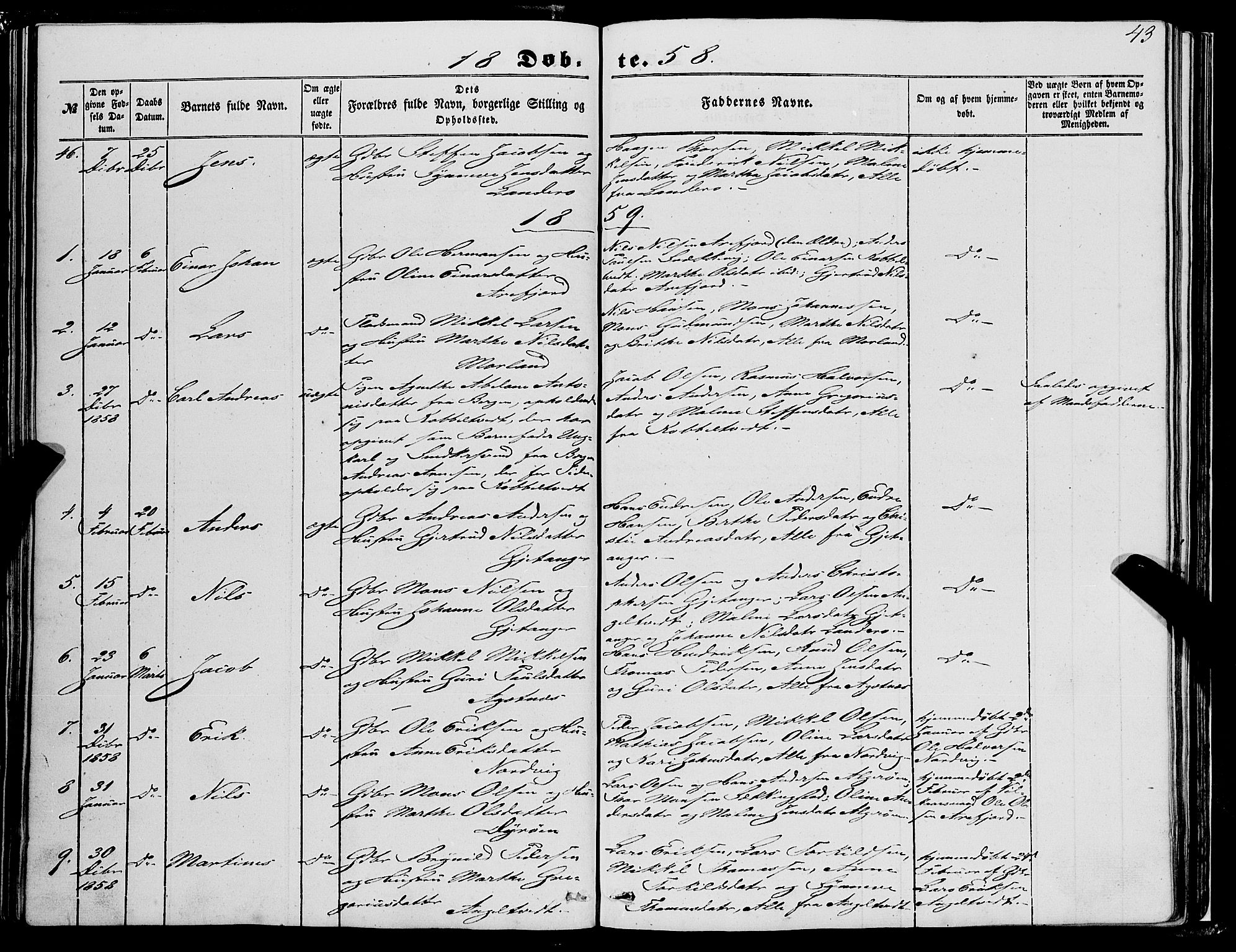 Fjell sokneprestembete, SAB/A-75301/H/Haa: Parish register (official) no. A 2, 1847-1864, p. 43