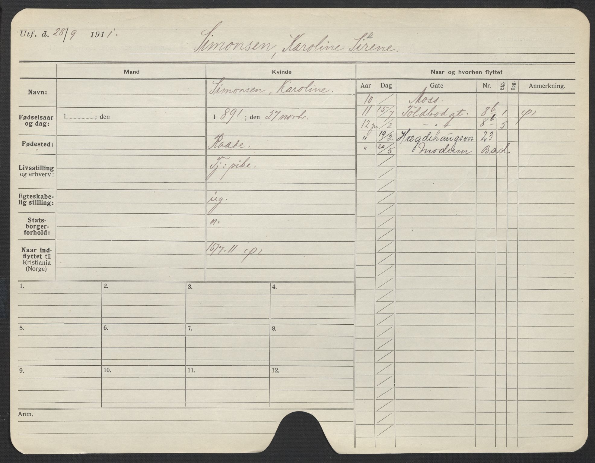 Oslo folkeregister, Registerkort, AV/SAO-A-11715/F/Fa/Fac/L0023: Kvinner, 1906-1914, p. 825a