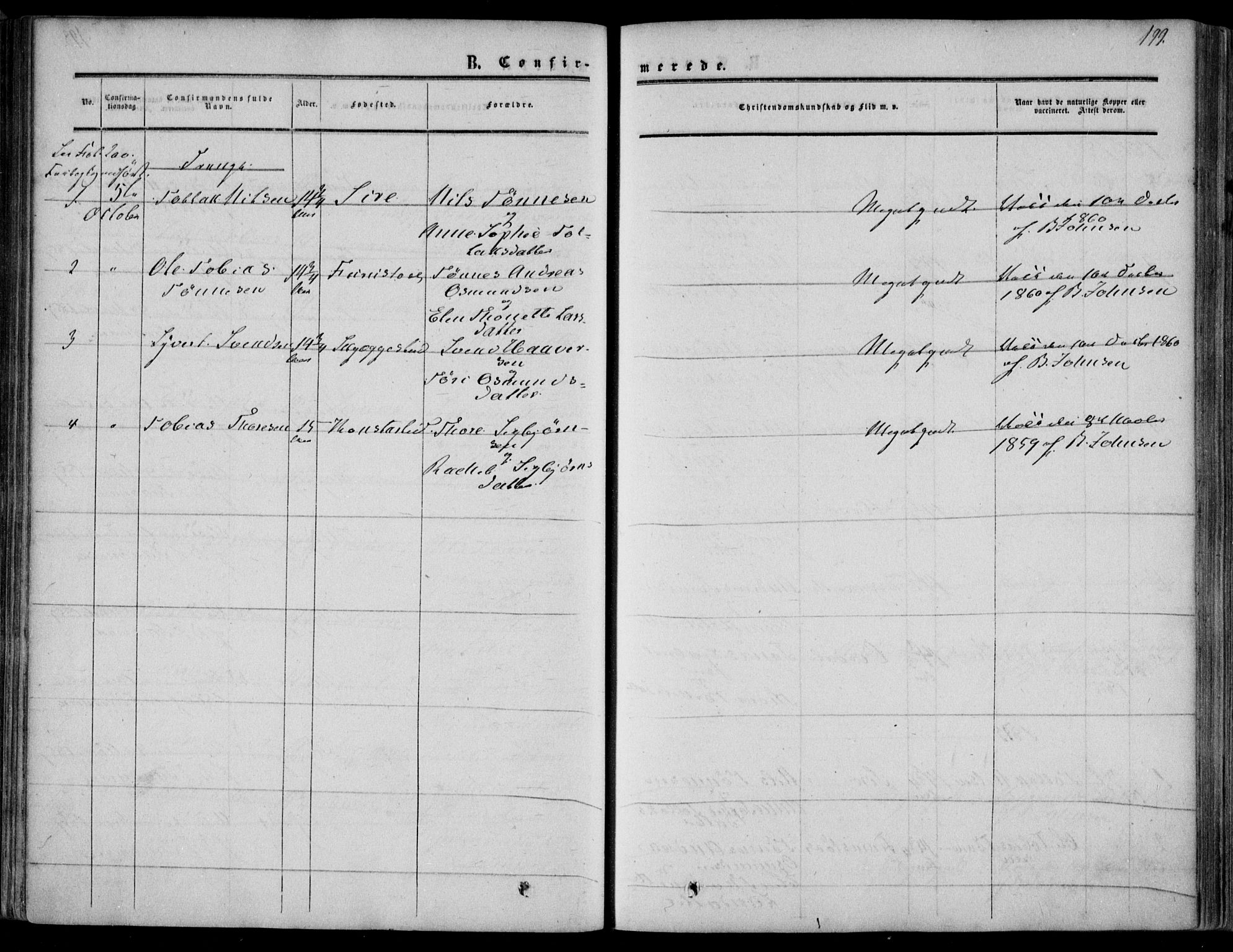 Bakke sokneprestkontor, AV/SAK-1111-0002/F/Fa/Faa/L0006: Parish register (official) no. A 6, 1855-1877, p. 199