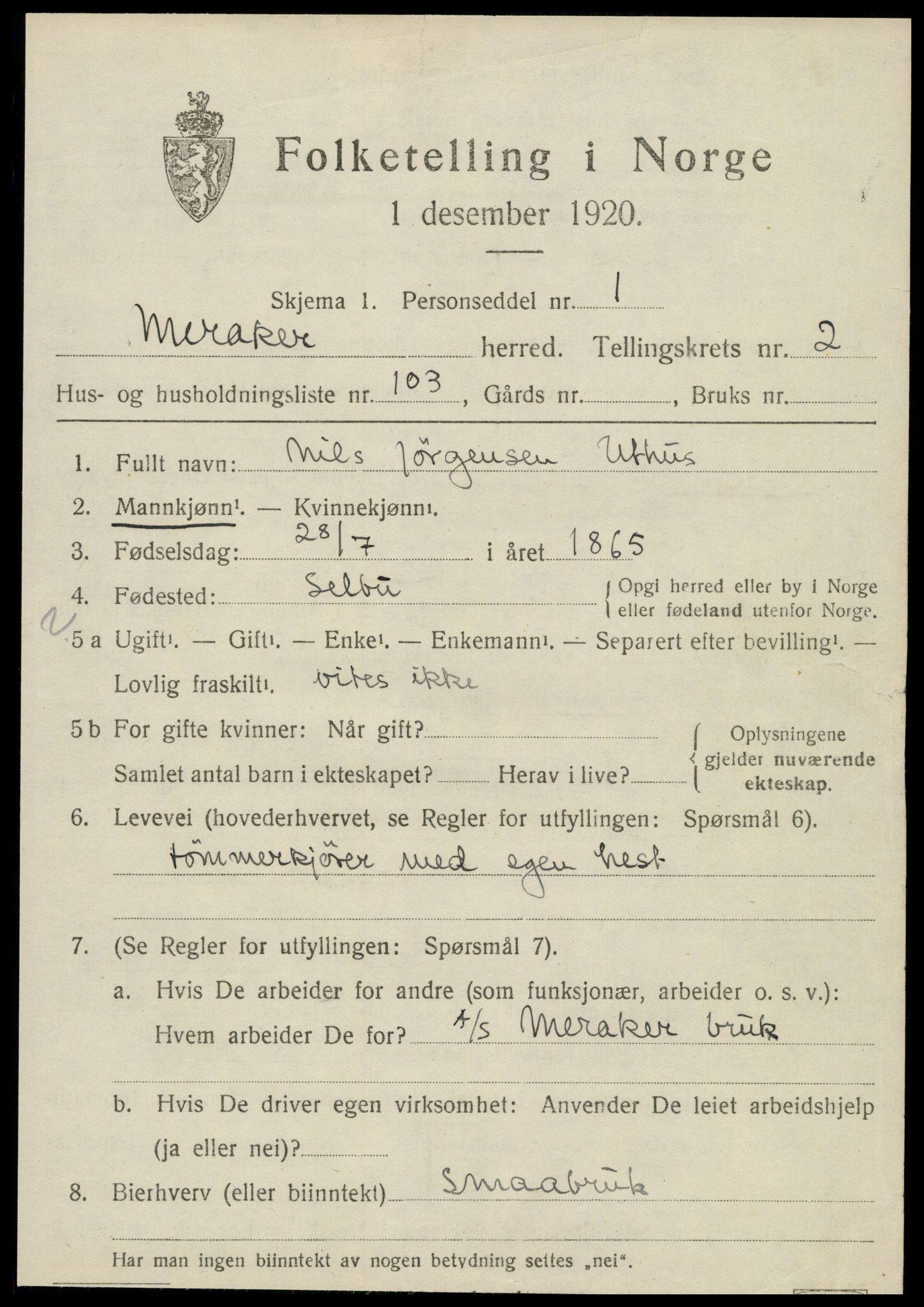 SAT, 1920 census for Meråker, 1920, p. 3092