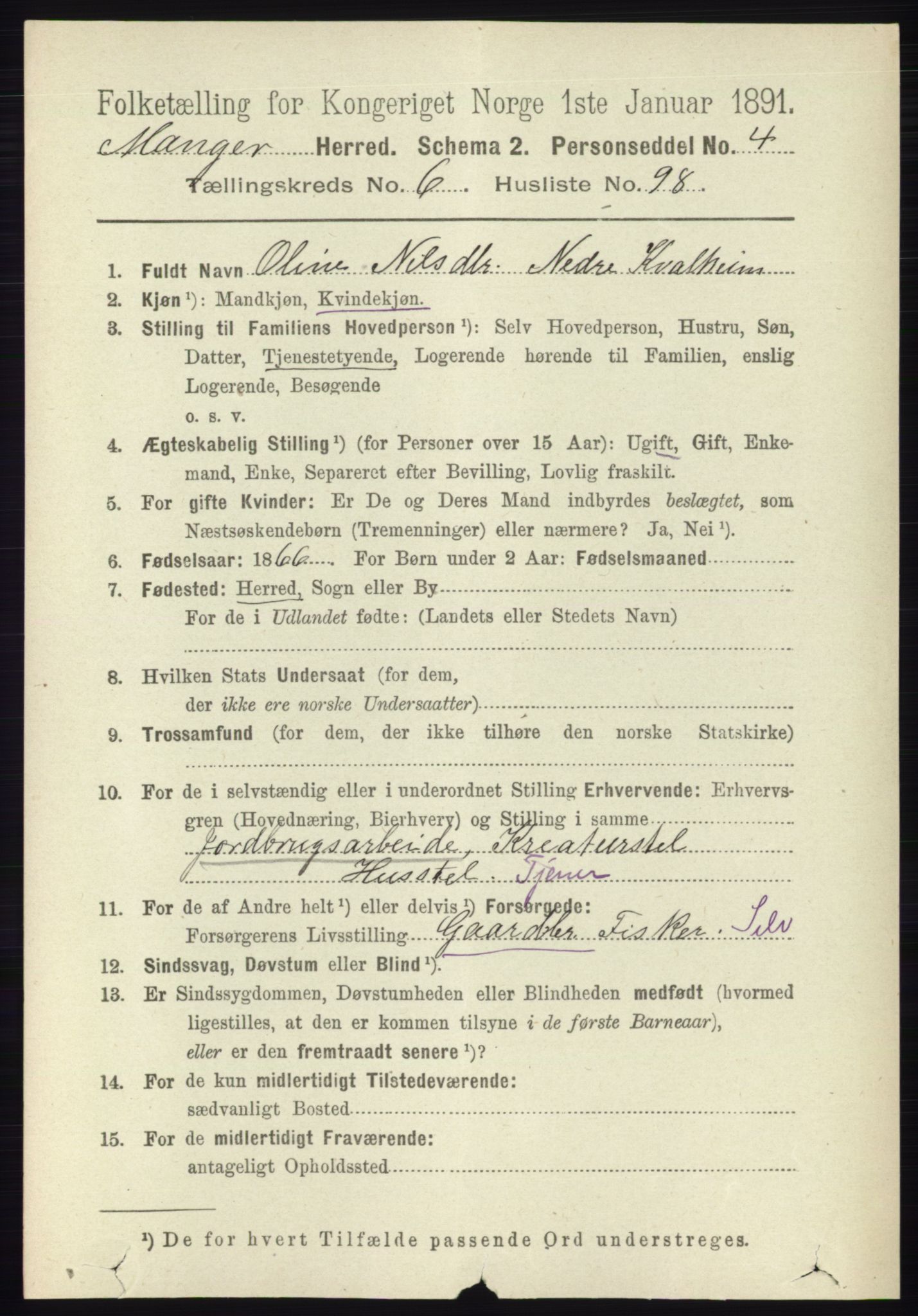 RA, 1891 census for 1261 Manger, 1891, p. 3936