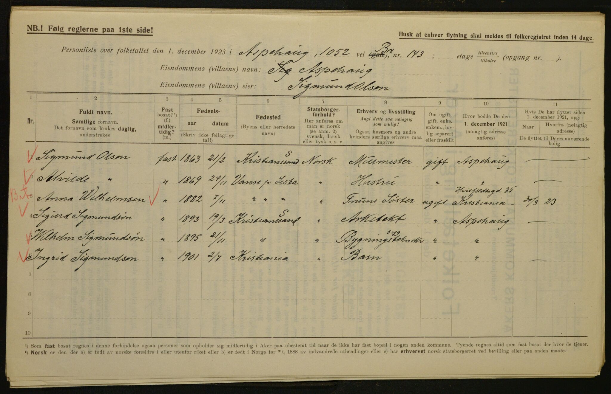 , Municipal Census 1923 for Aker, 1923, p. 2704