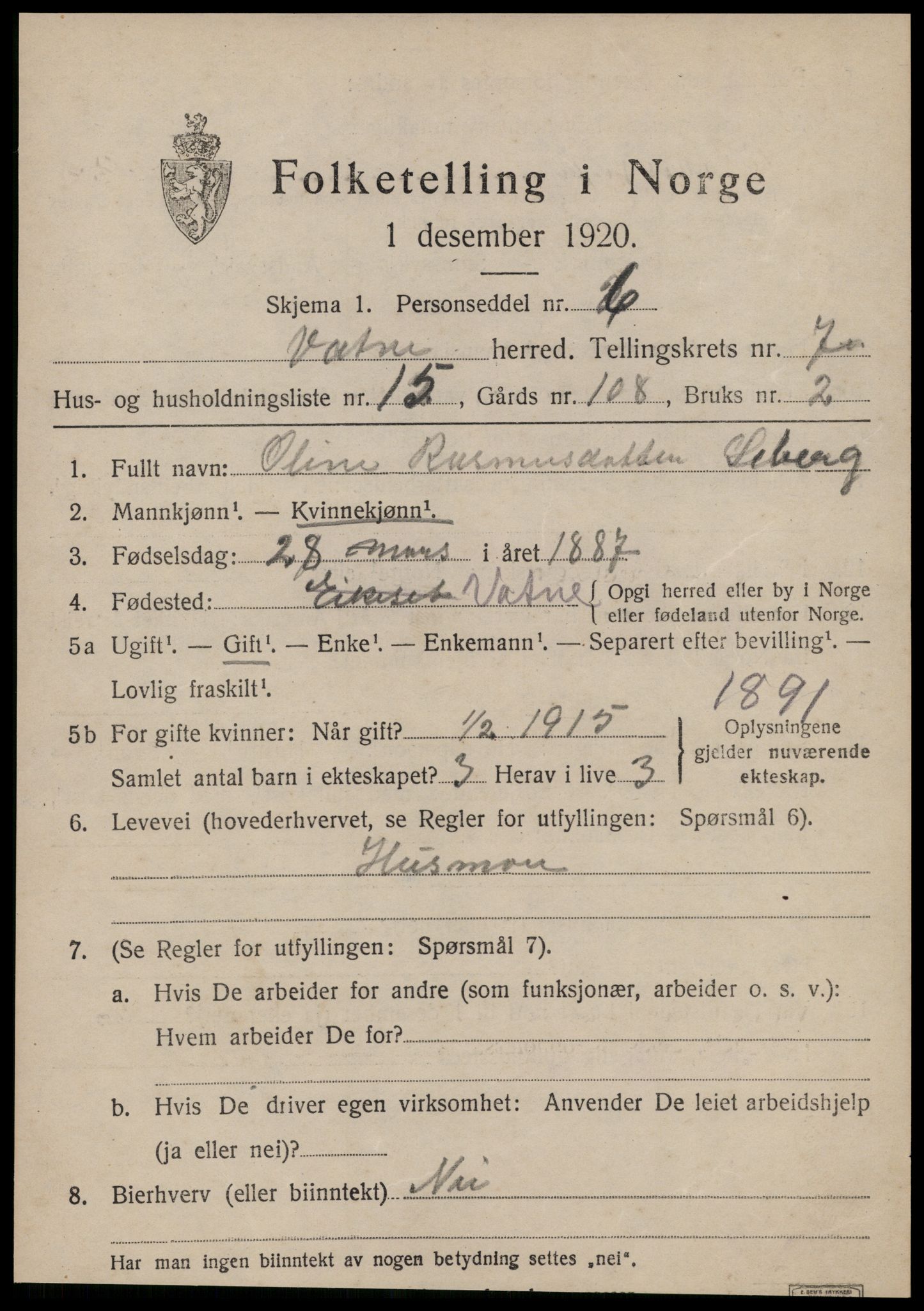 SAT, 1920 census for Vatne, 1920, p. 3326