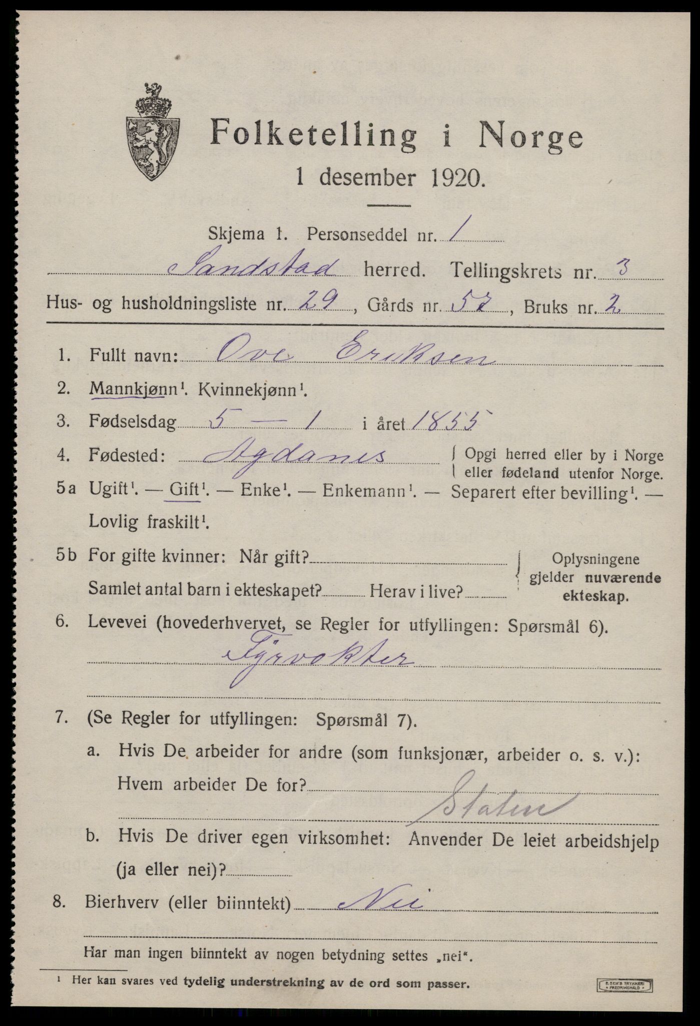 SAT, 1920 census for Sandstad, 1920, p. 1921