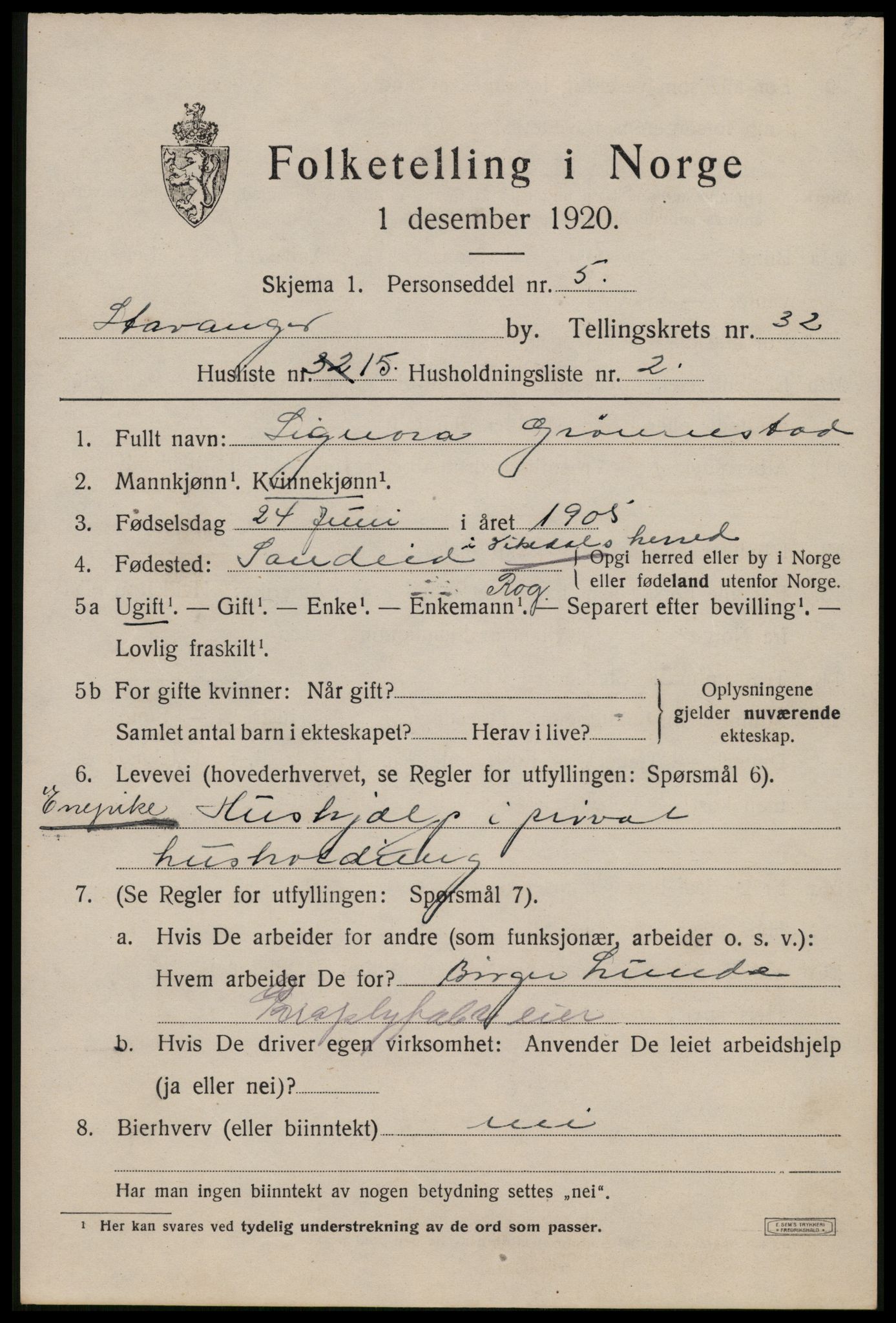 SAST, 1920 census for Stavanger, 1920, p. 89002