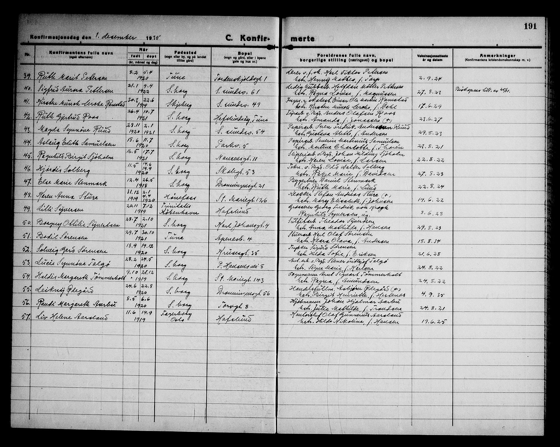 Sarpsborg prestekontor Kirkebøker, SAO/A-2006/G/Ga/L0005: Parish register (copy) no. 5, 1932-1950, p. 191