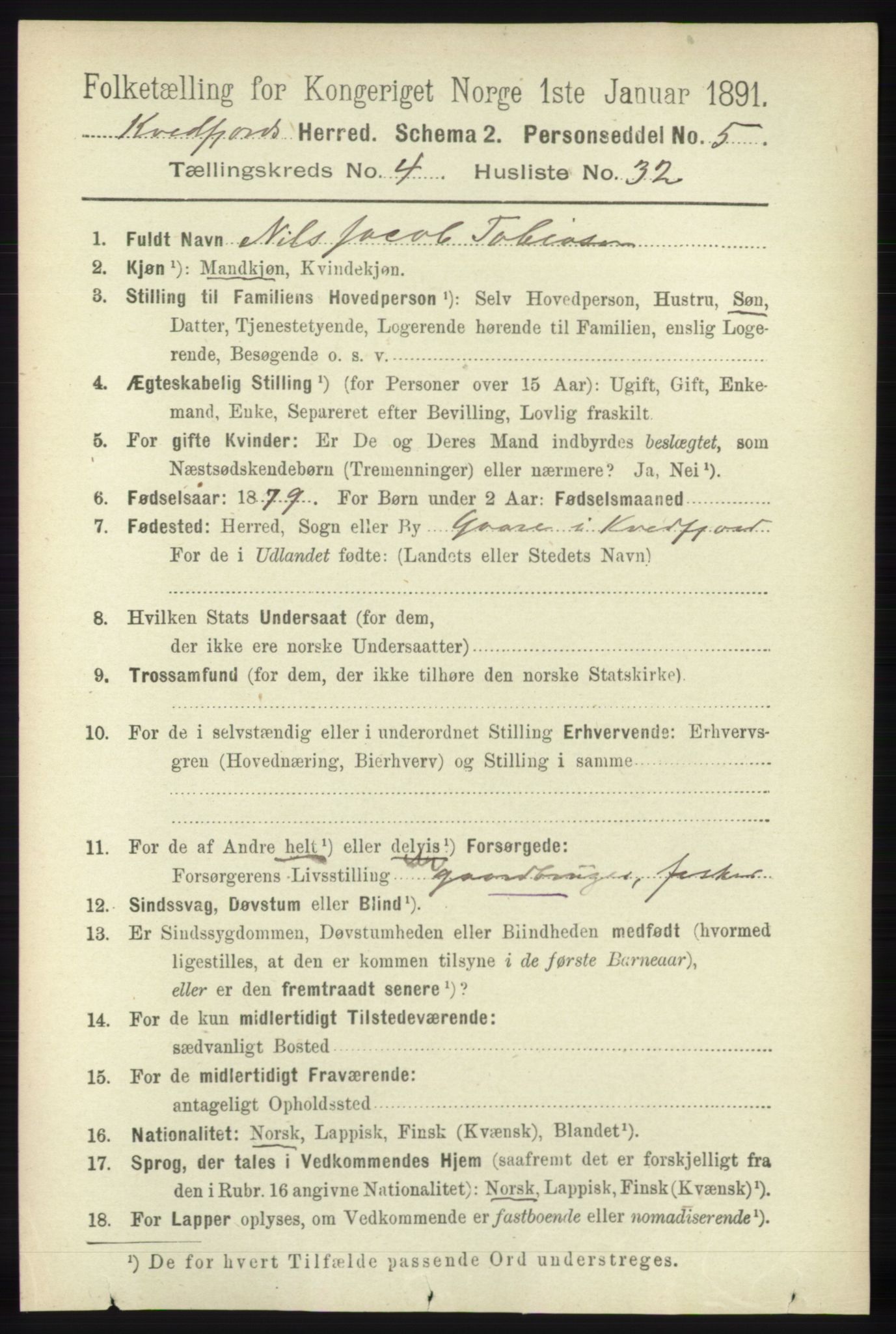 RA, 1891 census for 1911 Kvæfjord, 1891, p. 2103