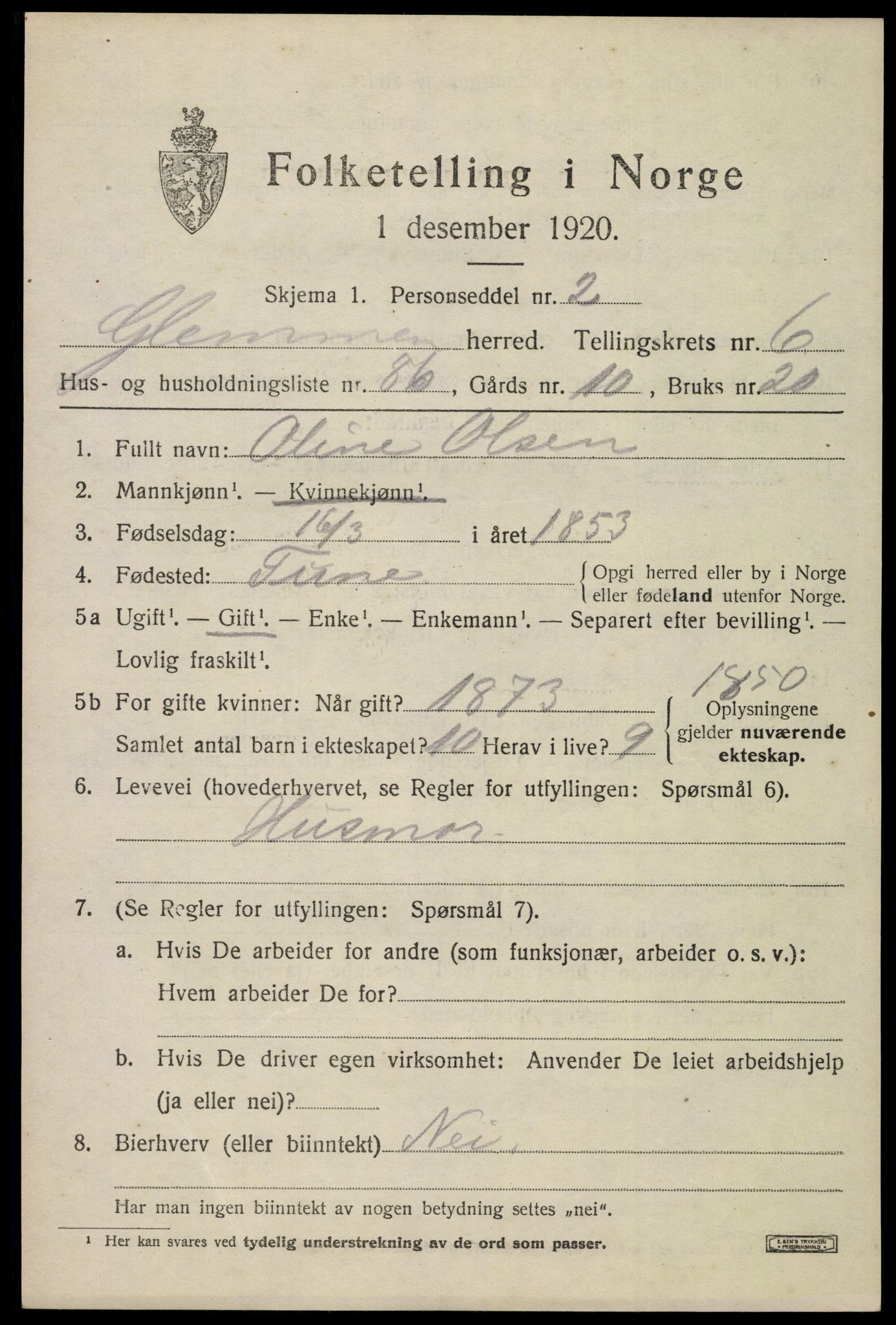SAO, 1920 census for Glemmen, 1920, p. 22865