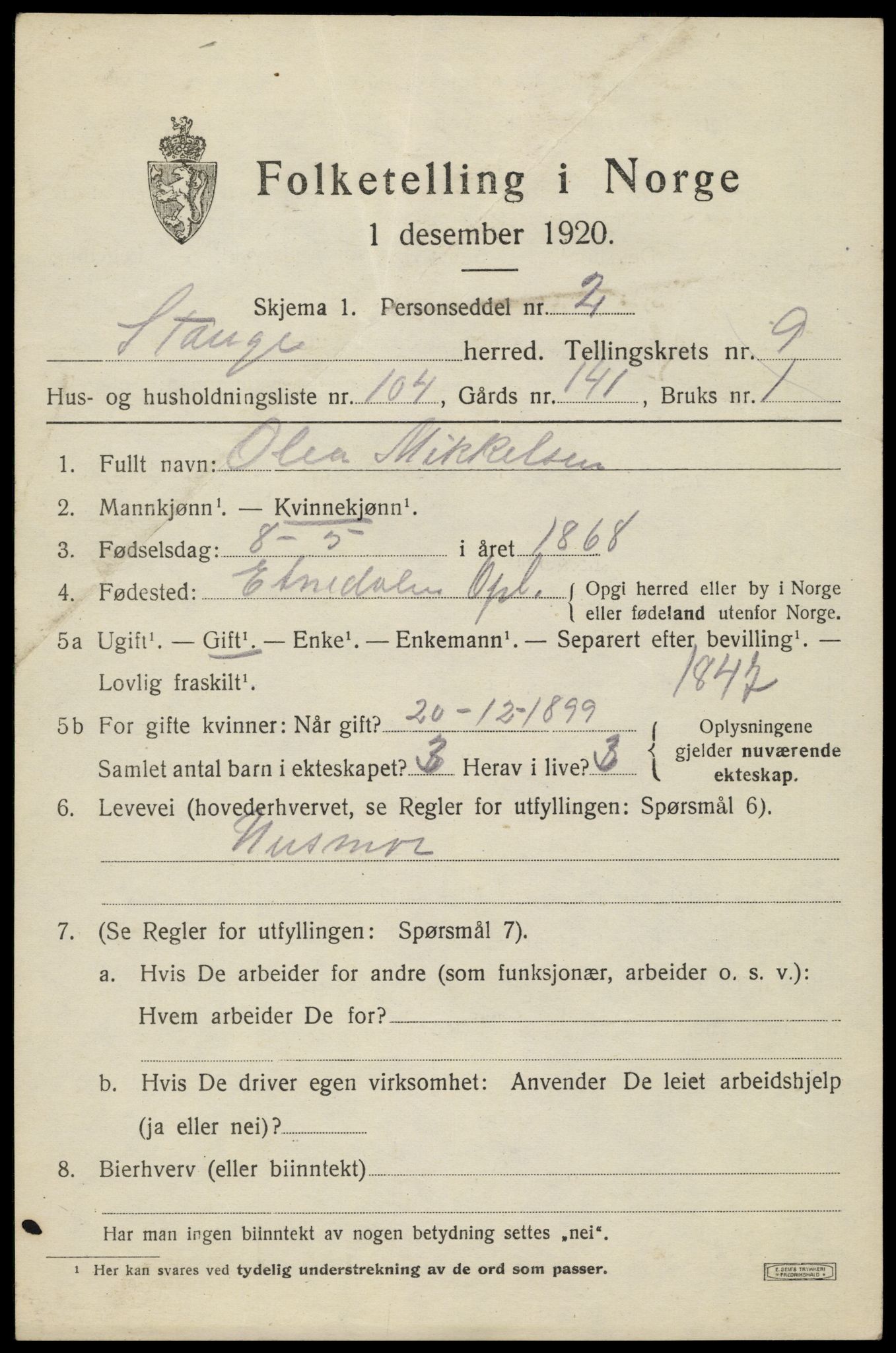 SAH, 1920 census for Stange, 1920, p. 15829