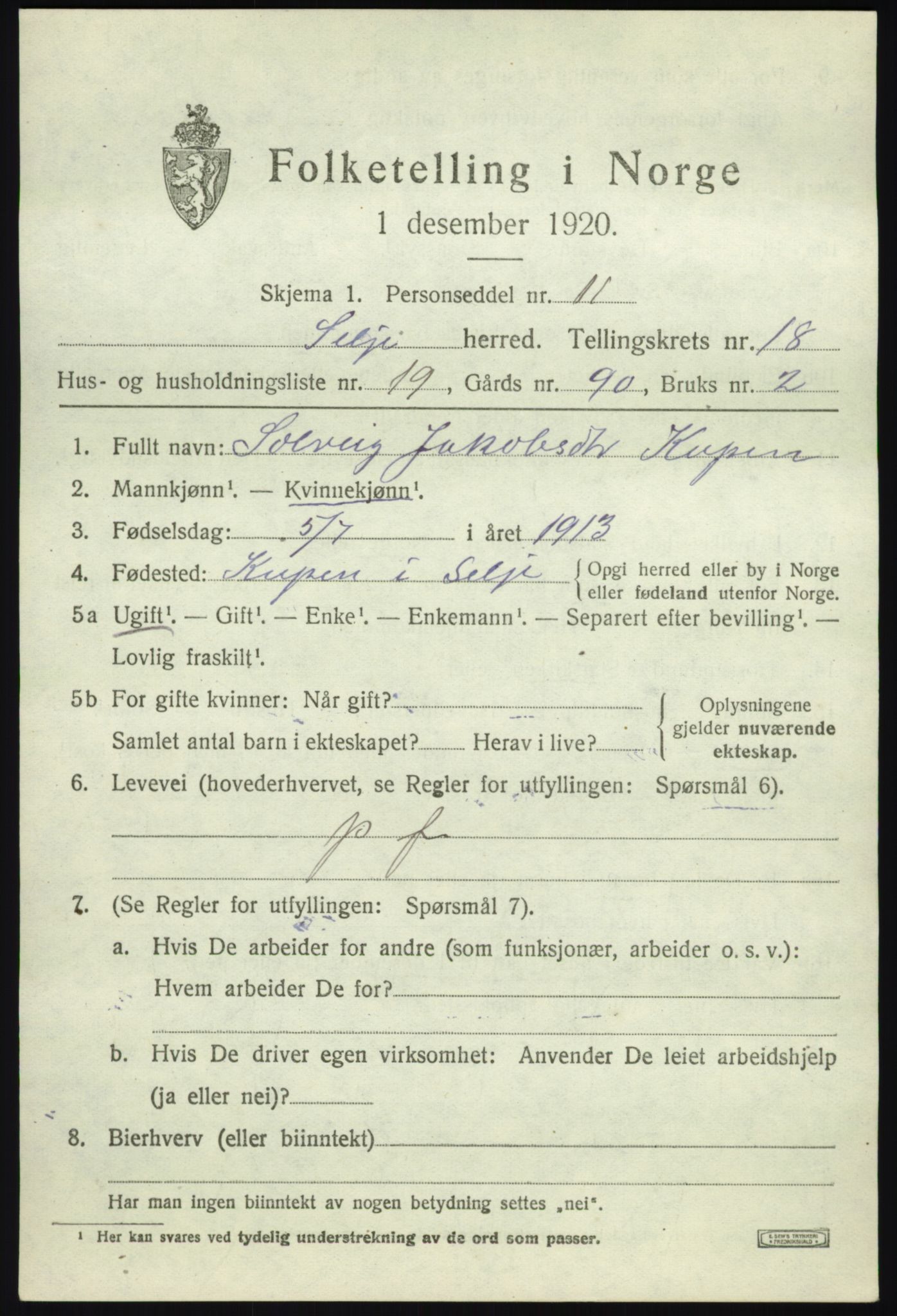SAB, 1920 census for Selje, 1920, p. 8167