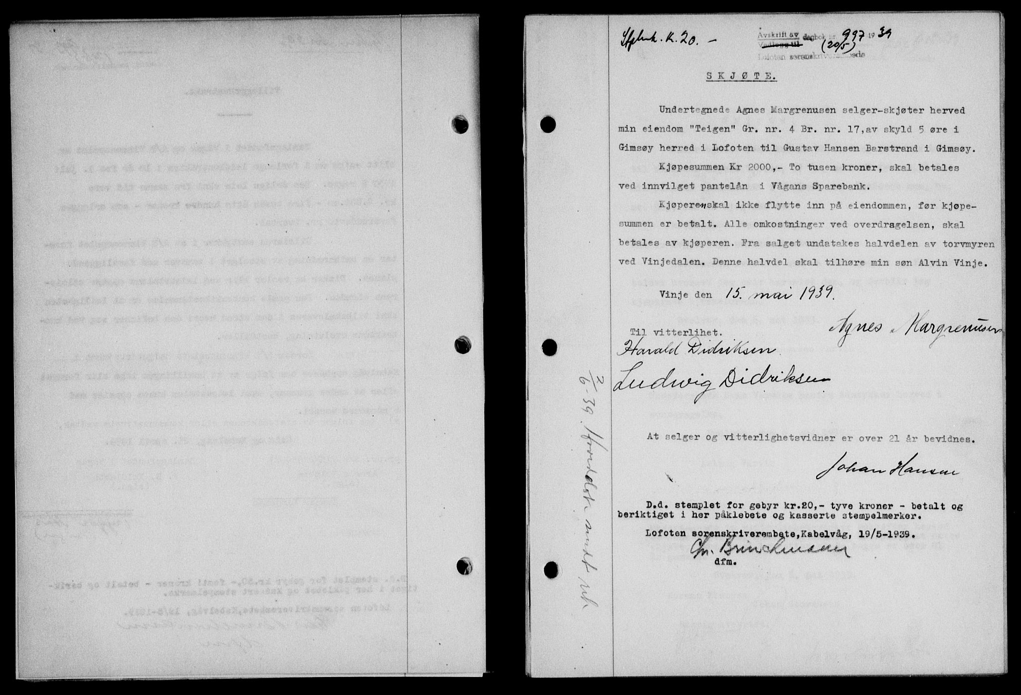 Lofoten sorenskriveri, SAT/A-0017/1/2/2C/L0005a: Mortgage book no. 5a, 1939-1939, Diary no: : 997/1939