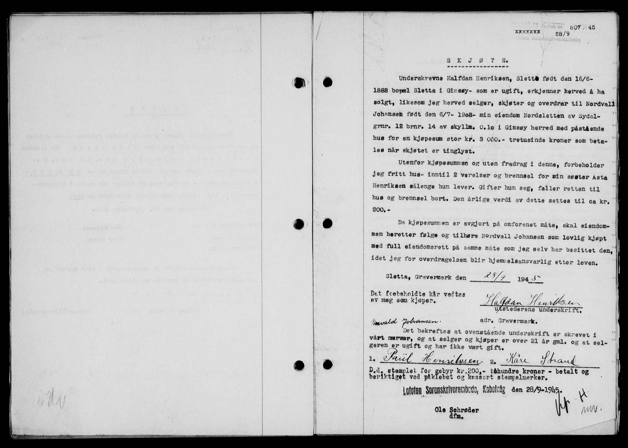 Lofoten sorenskriveri, SAT/A-0017/1/2/2C/L0013a: Mortgage book no. 13a, 1944-1946, Diary no: : 807/1945