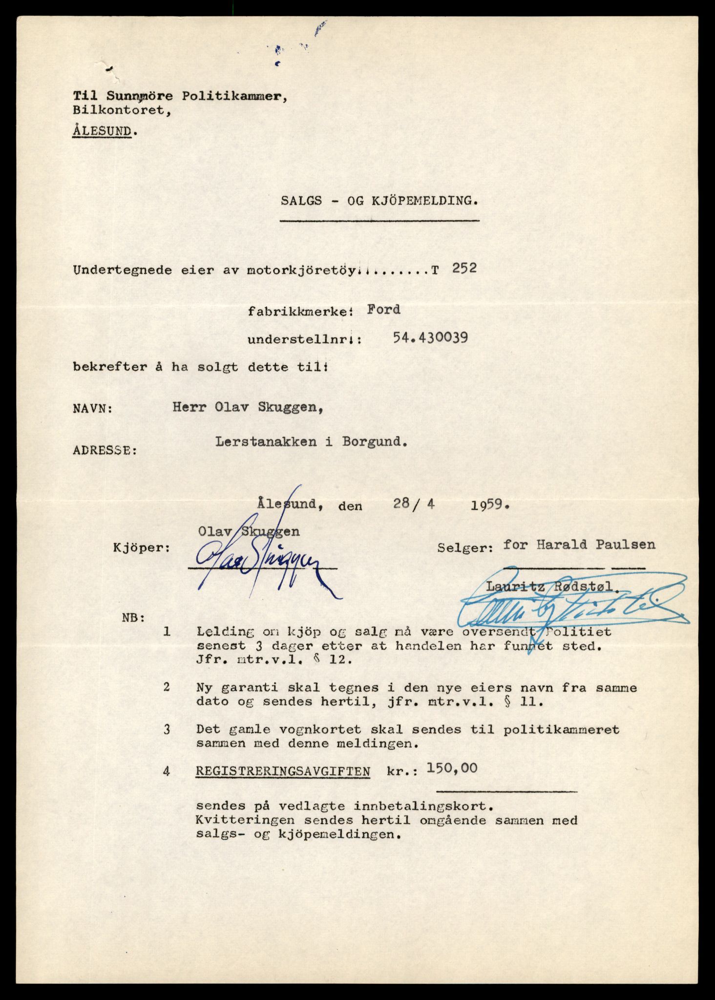 Møre og Romsdal vegkontor - Ålesund trafikkstasjon, SAT/A-4099/F/Fe/L0003: Registreringskort for kjøretøy T 232 - T 340, 1927-1998, p. 556