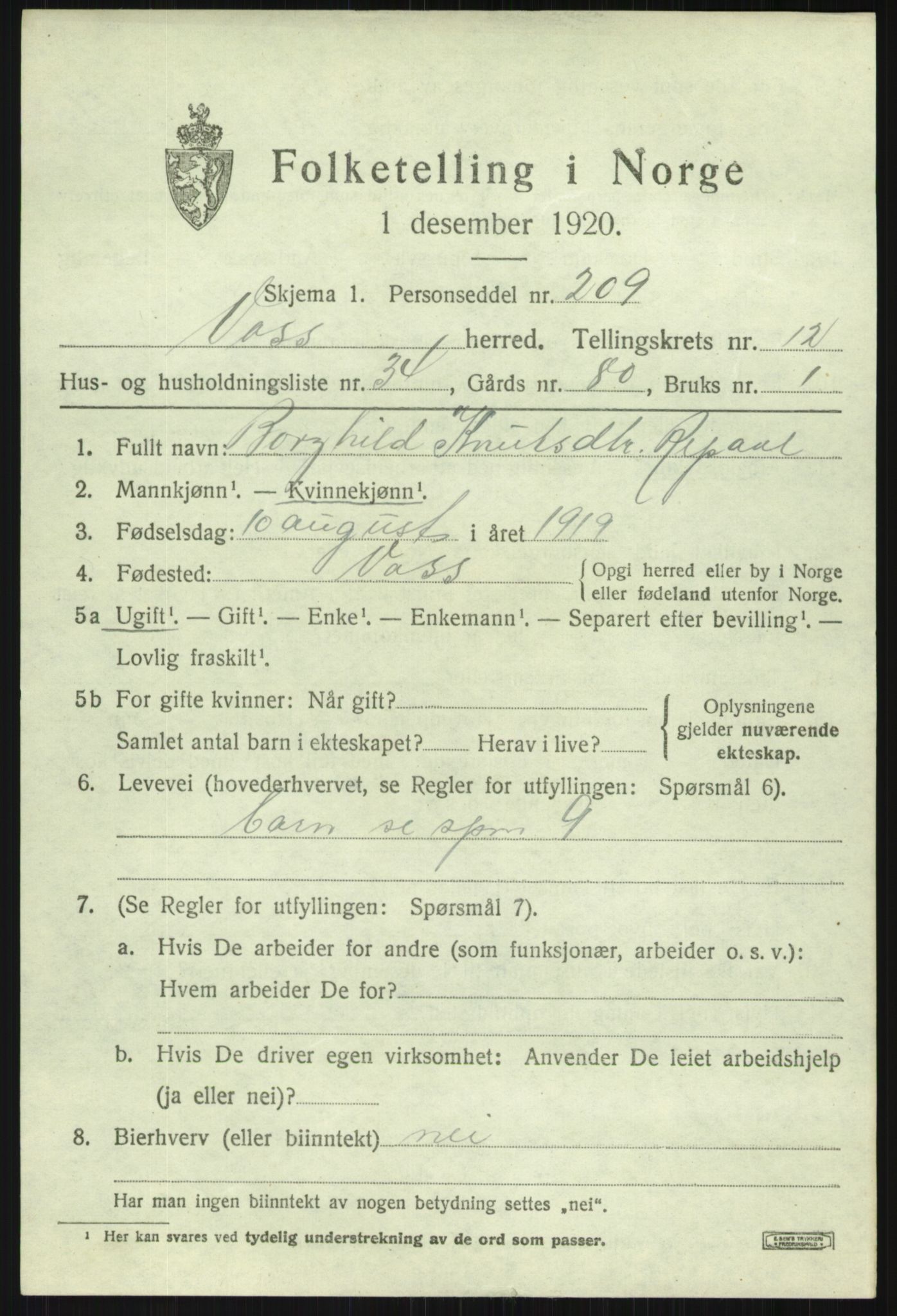 SAB, 1920 census for Voss, 1920, p. 11147