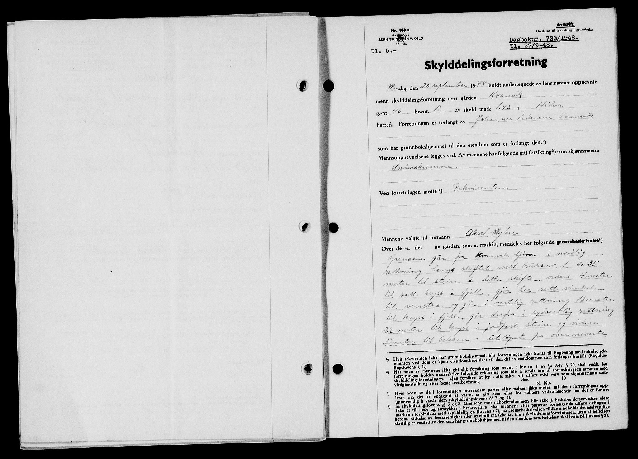 Flekkefjord sorenskriveri, SAK/1221-0001/G/Gb/Gba/L0064: Mortgage book no. A-12, 1948-1949, Diary no: : 723/1948