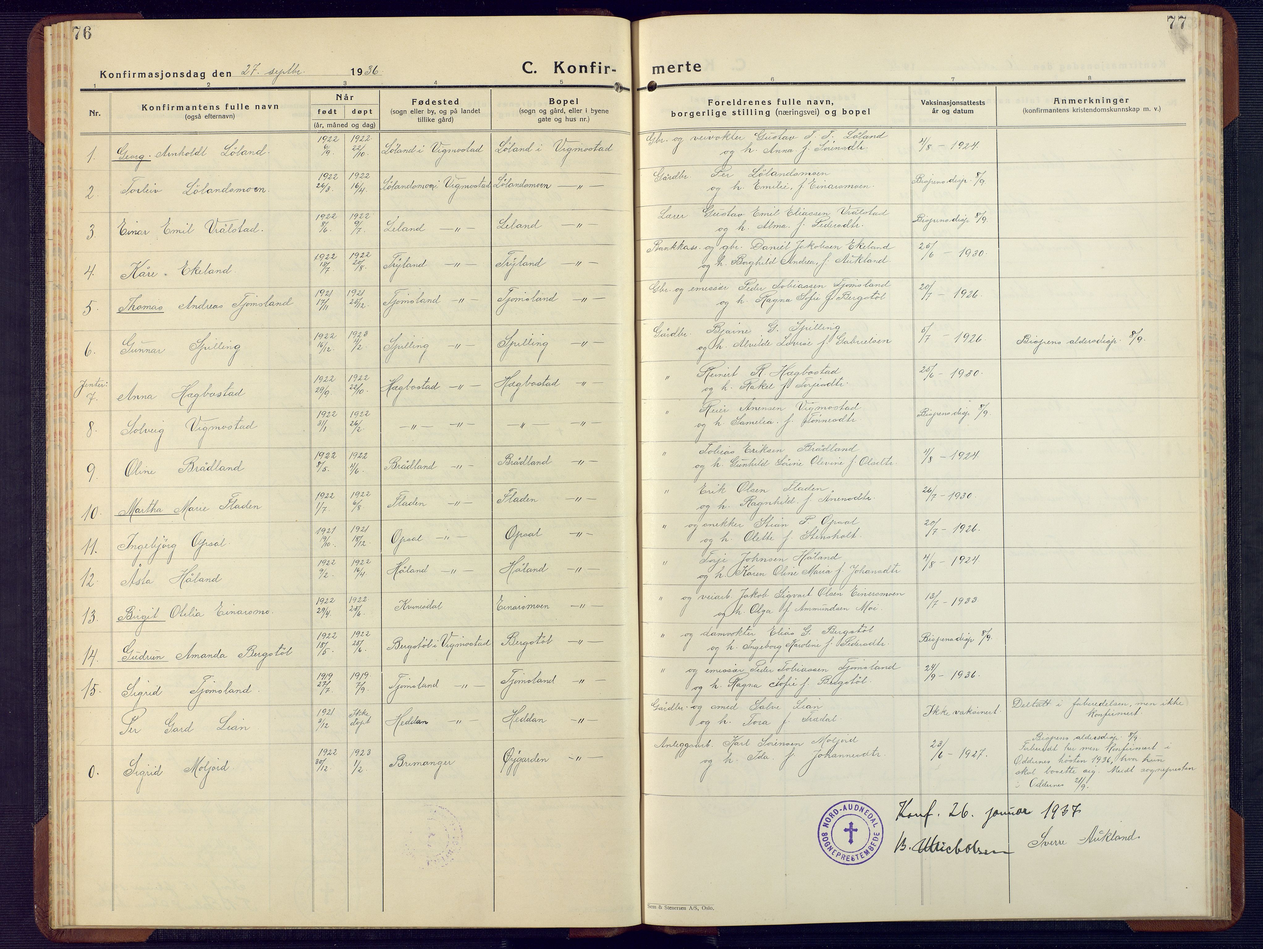 Nord-Audnedal sokneprestkontor, AV/SAK-1111-0032/F/Fb/Fbb/L0006: Parish register (copy) no. B 6, 1930-1948, p. 76-77