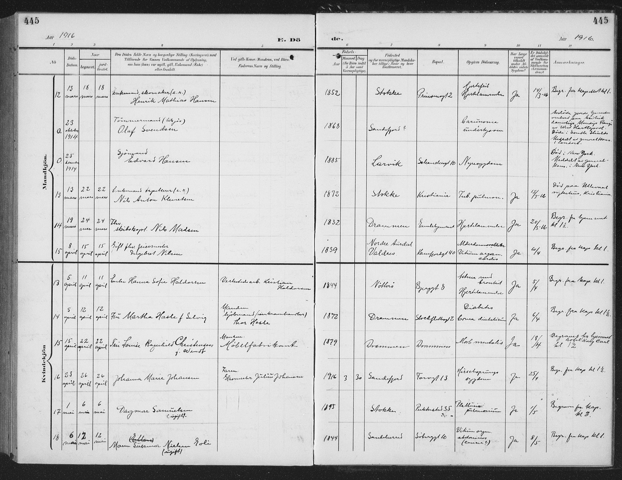 Sandefjord kirkebøker, AV/SAKO-A-315/G/Ga/L0003: Parish register (copy) no. 3, 1903-1920, p. 445