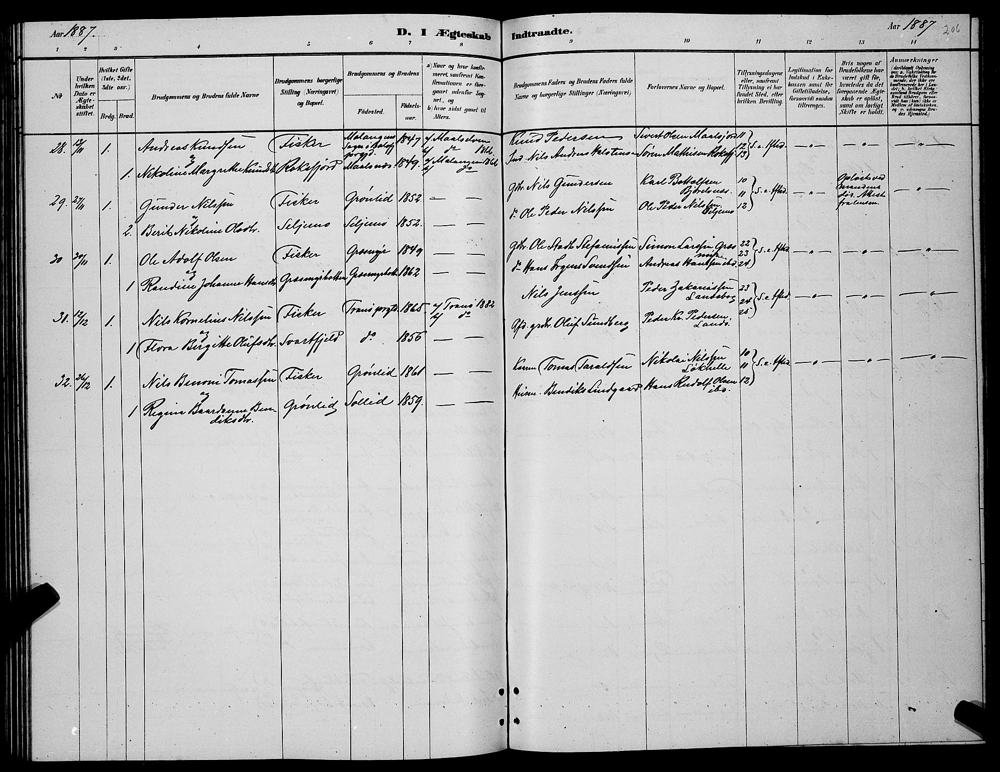 Lenvik sokneprestembete, AV/SATØ-S-1310/H/Ha/Hab/L0006klokker: Parish register (copy) no. 6, 1881-1889, p. 206