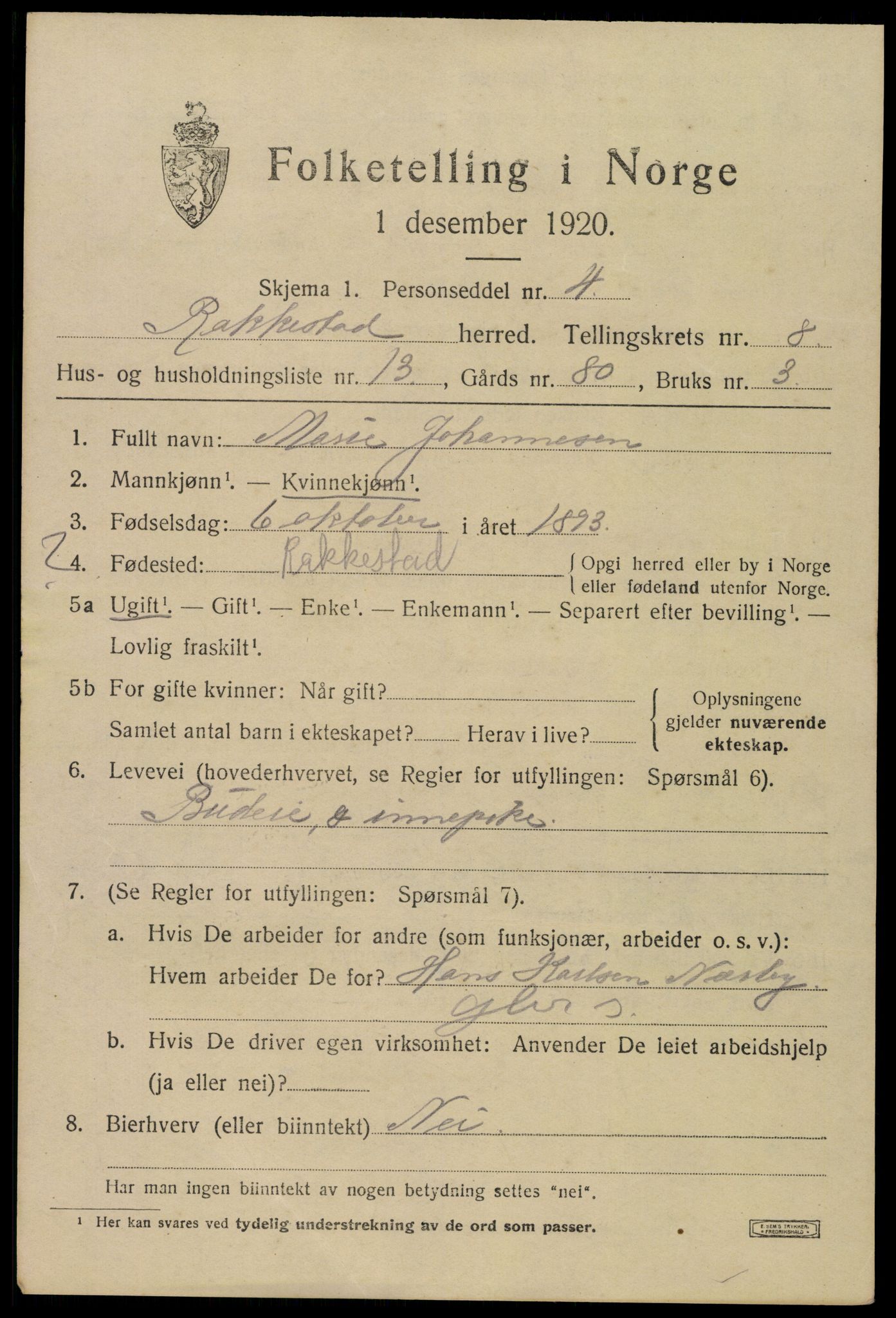 SAO, 1920 census for Rakkestad, 1920, p. 7383