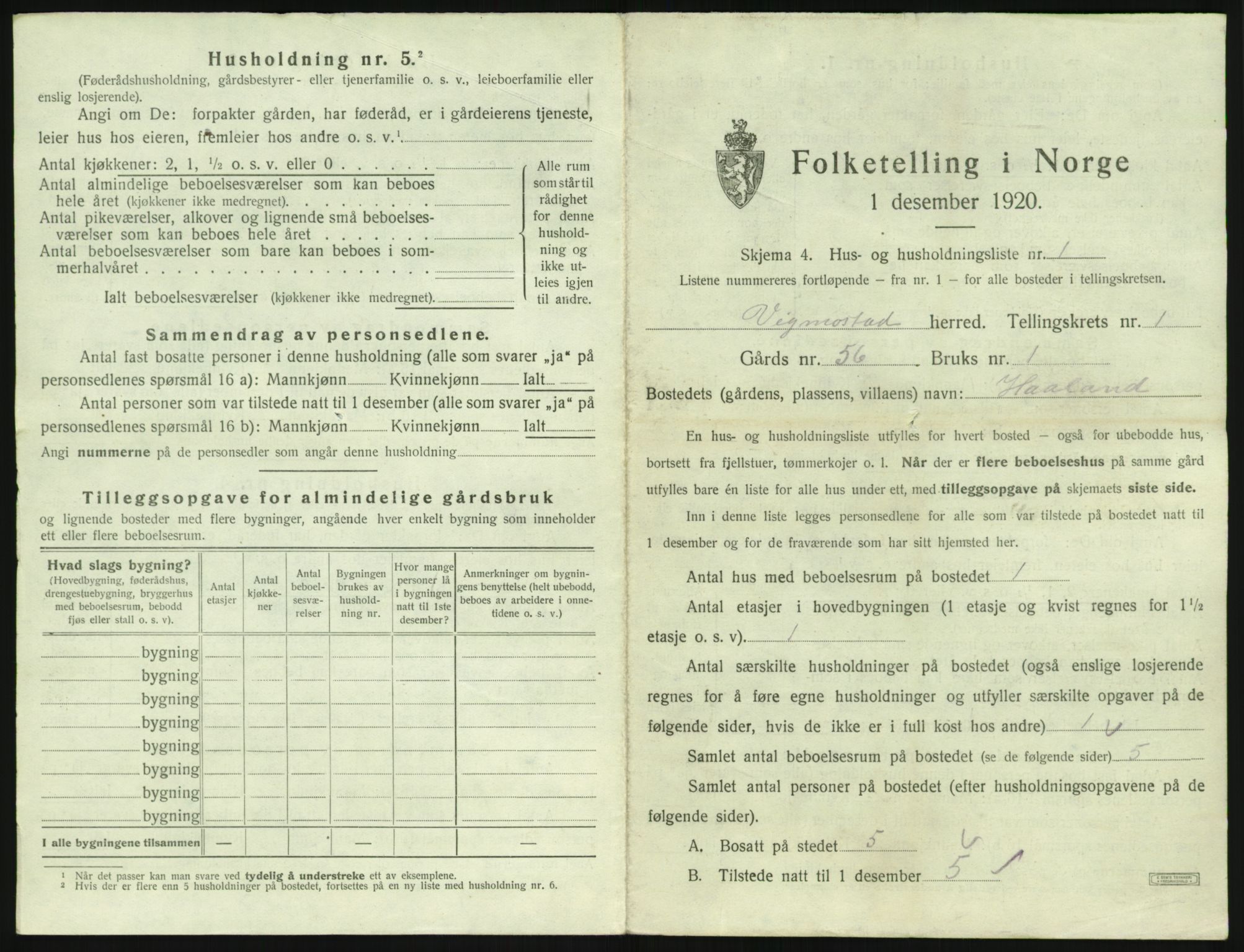 SAK, 1920 census for Vigmostad, 1920, p. 33