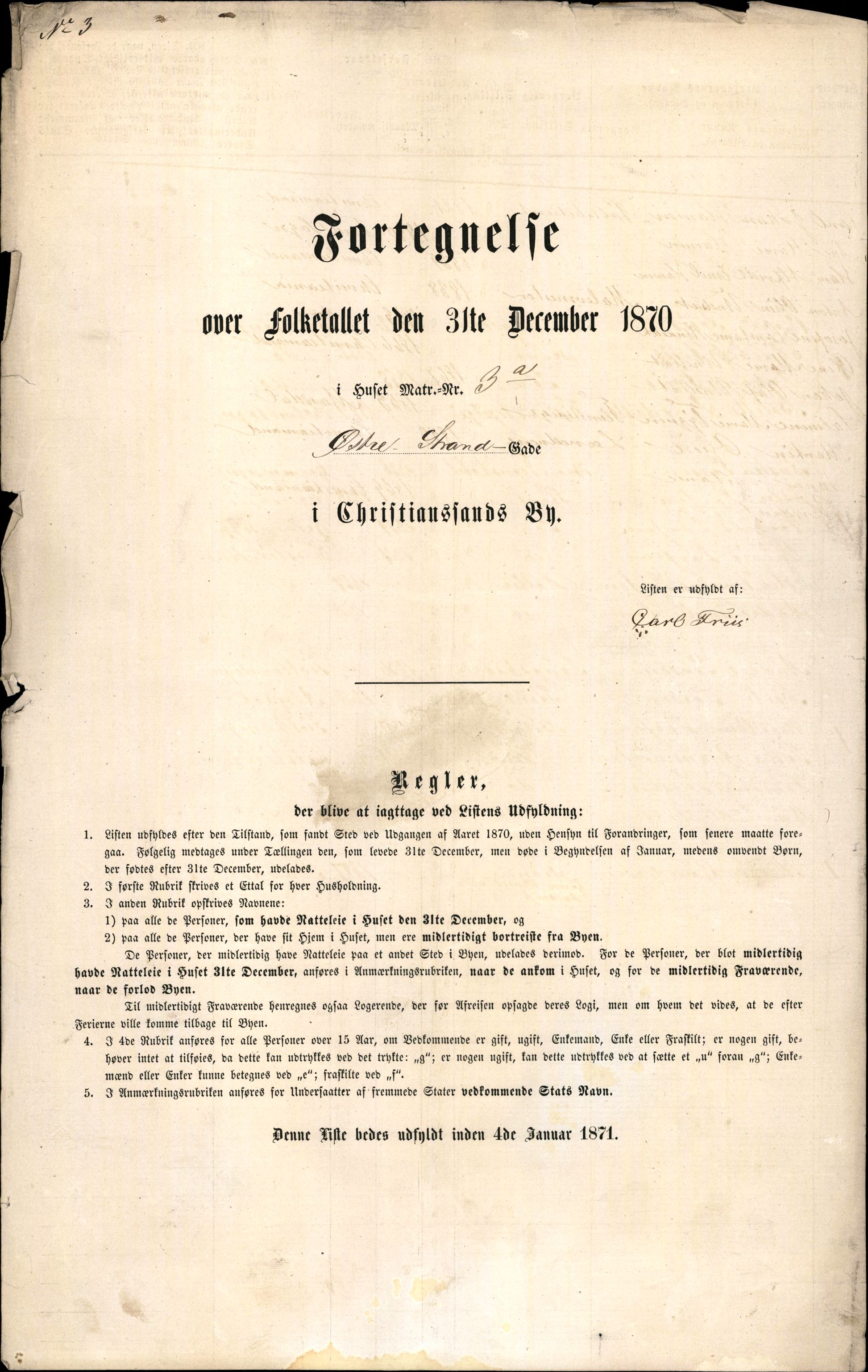 RA, 1870 census for 1001 Kristiansand, 1870, p. 7