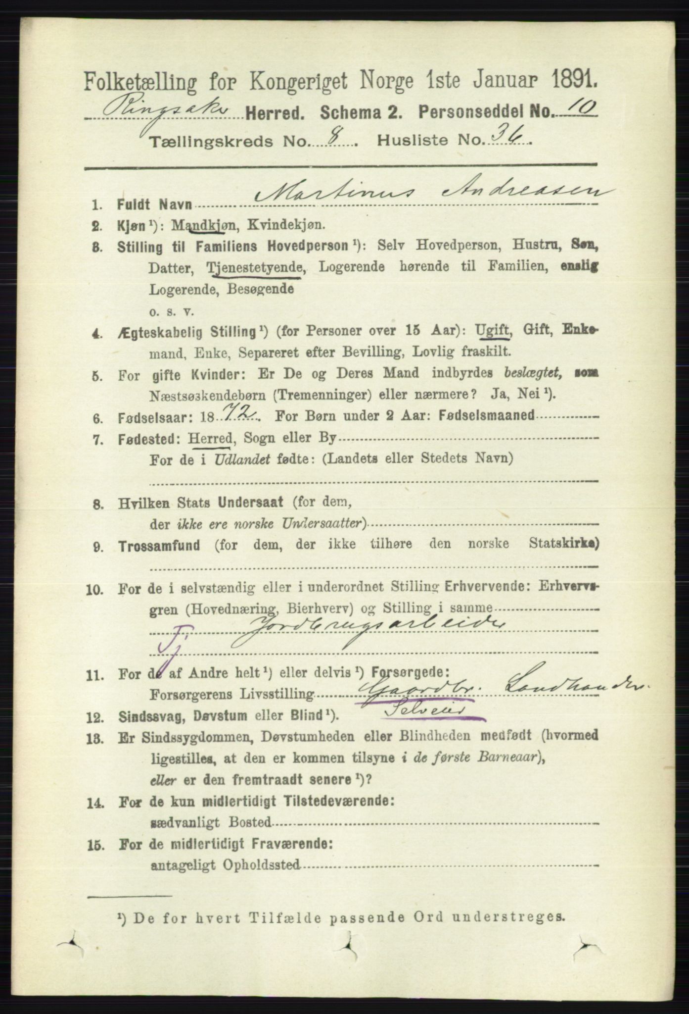 RA, 1891 census for 0412 Ringsaker, 1891, p. 4675