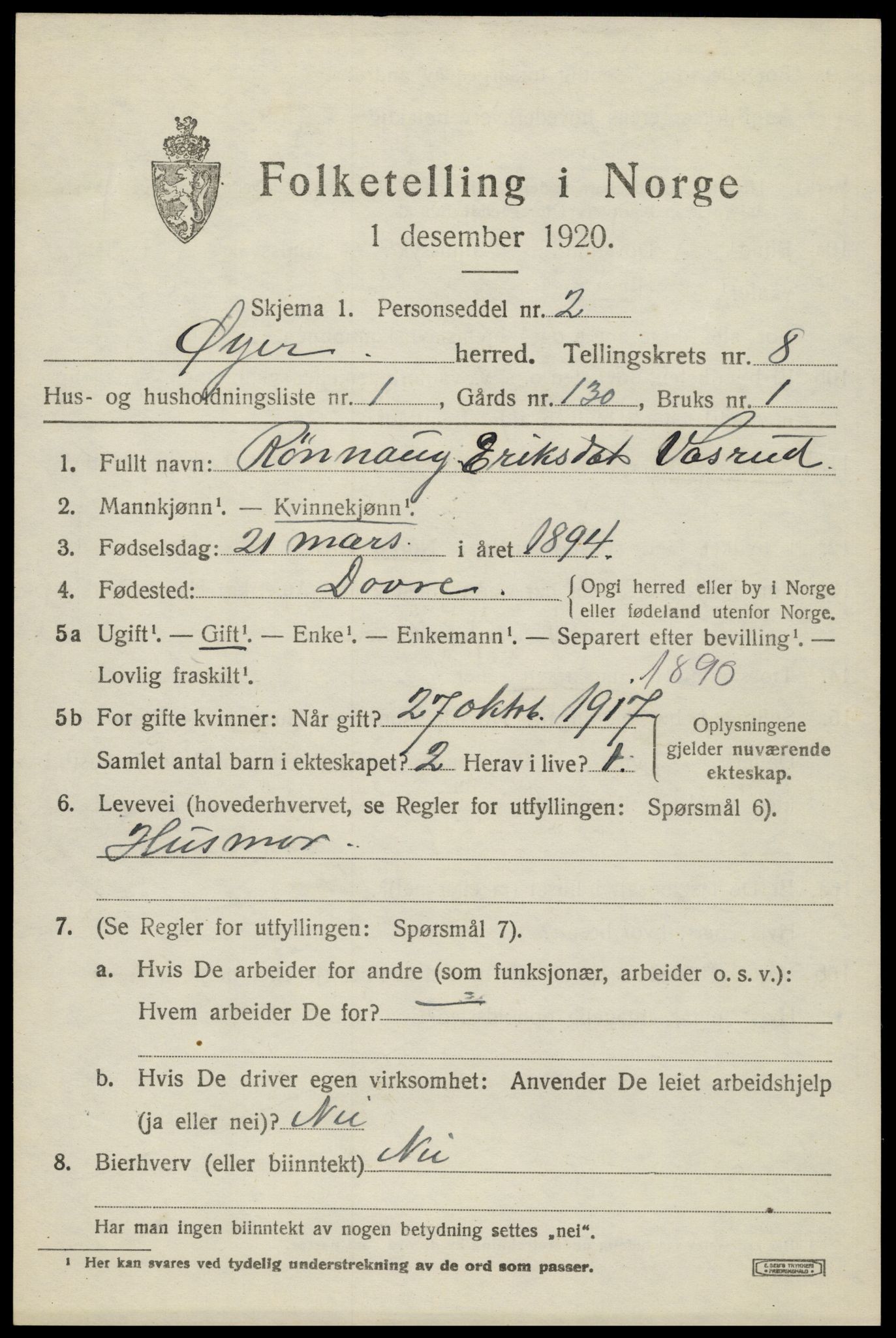 SAH, 1920 census for Øyer, 1920, p. 6712