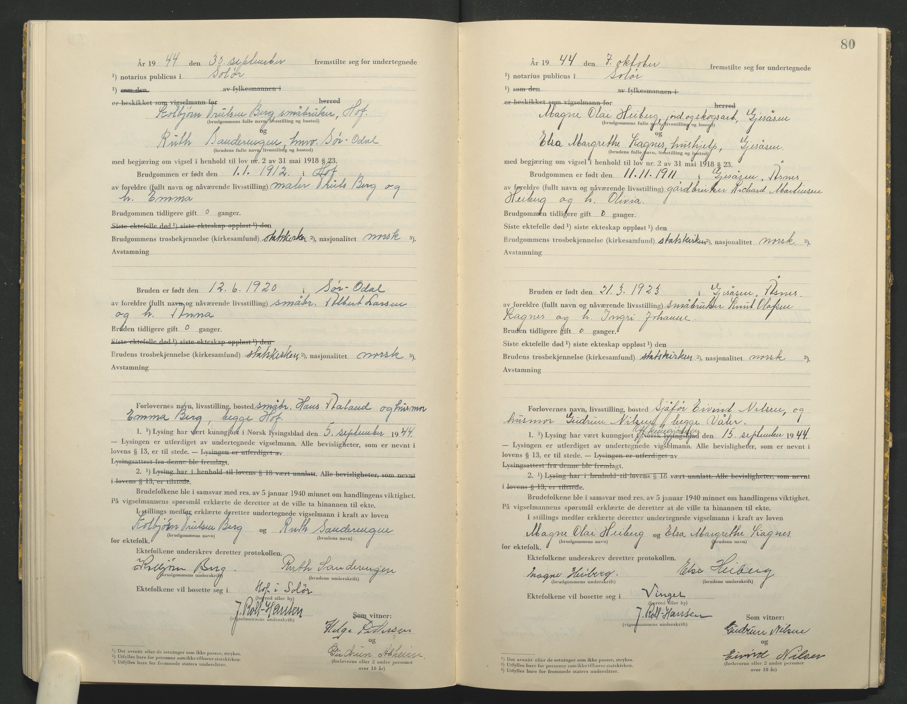Solør tingrett, AV/SAH-TING-008/L/Lb/L0002: Vigselprotokoll, 1943-1944, p. 80