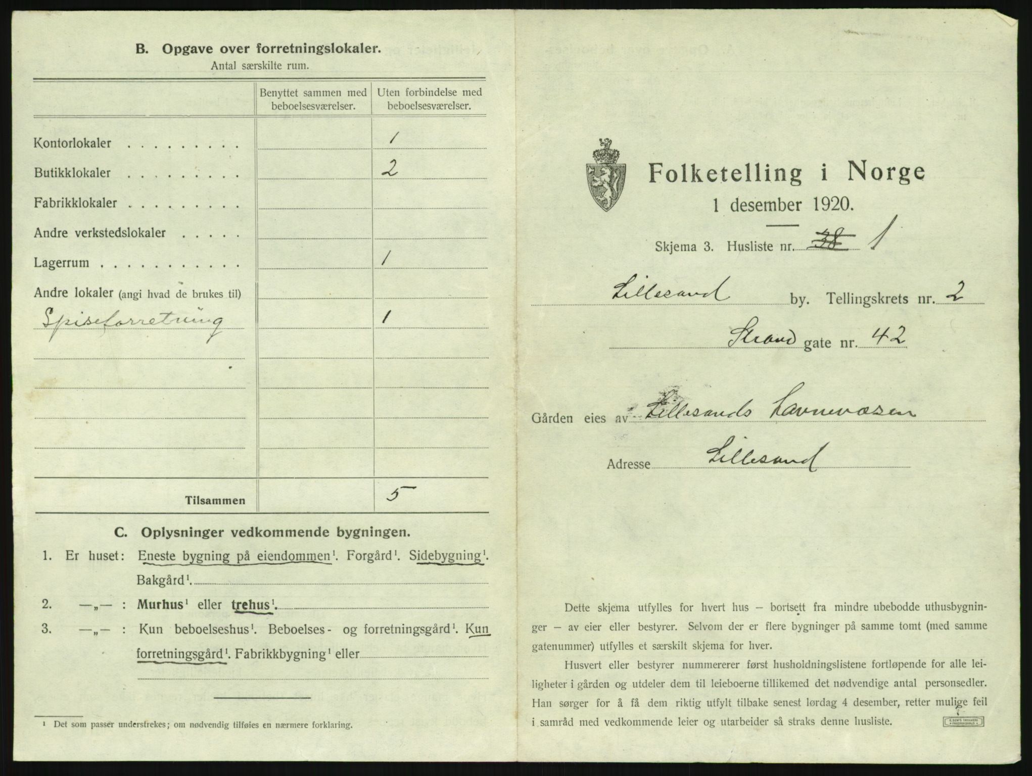 SAK, 1920 census for Lillesand, 1920, p. 225