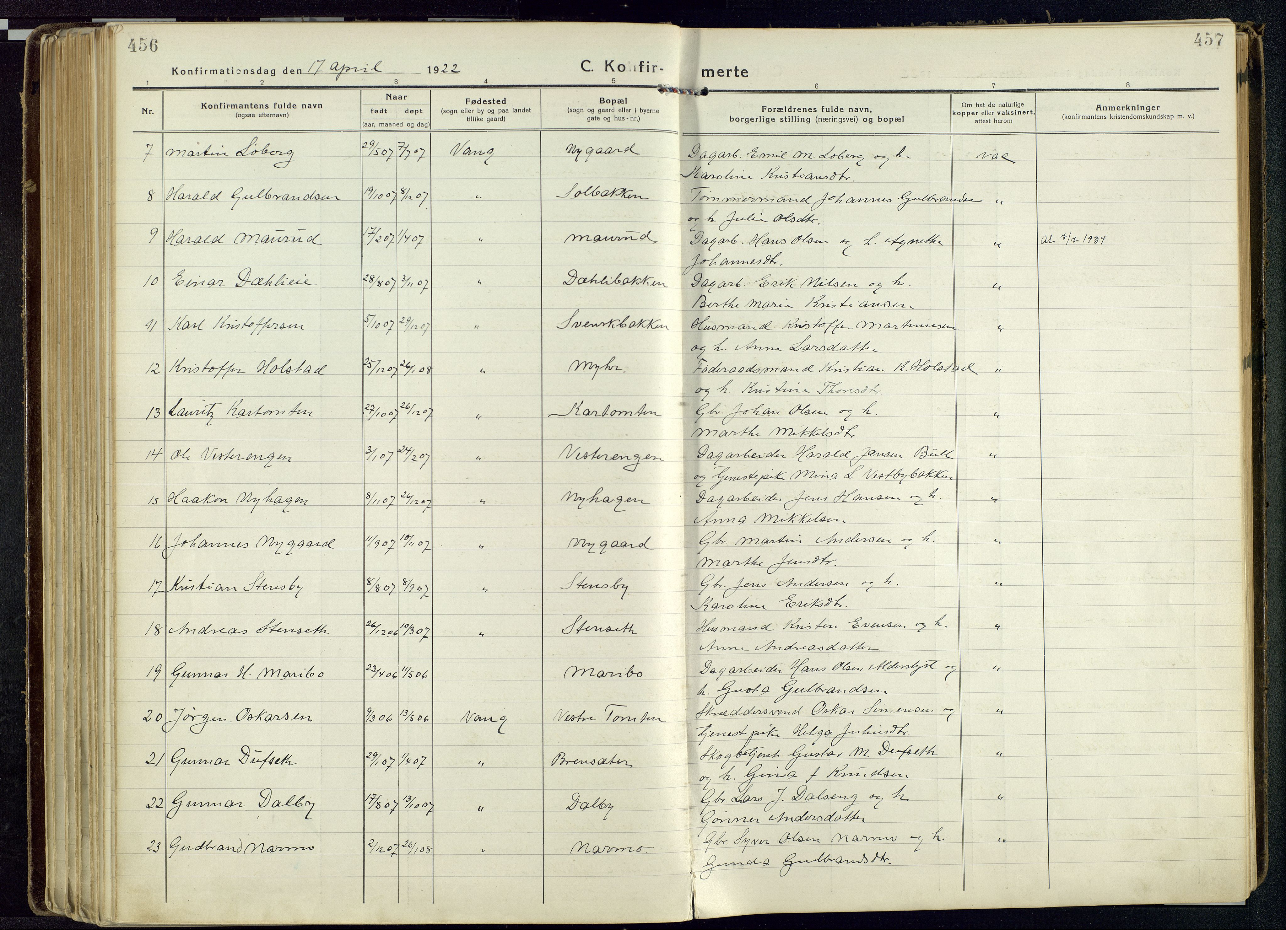 Vang prestekontor, Hedmark, SAH/PREST-008/H/Ha/Haa/L0022: Parish register (official) no. 22, 1918-1944, p. 456-457