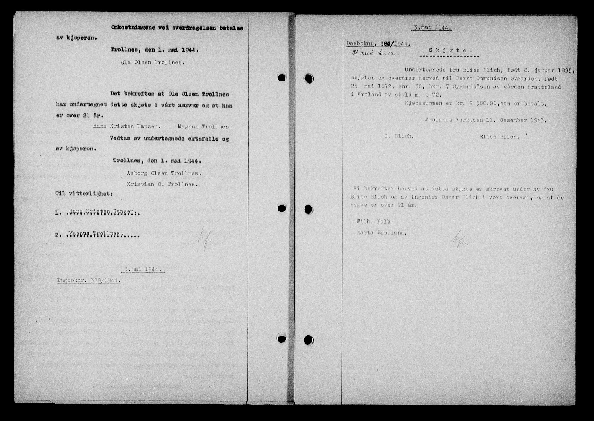 Nedenes sorenskriveri, SAK/1221-0006/G/Gb/Gba/L0051: Mortgage book no. A-V, 1943-1944, Diary no: : 381/1944
