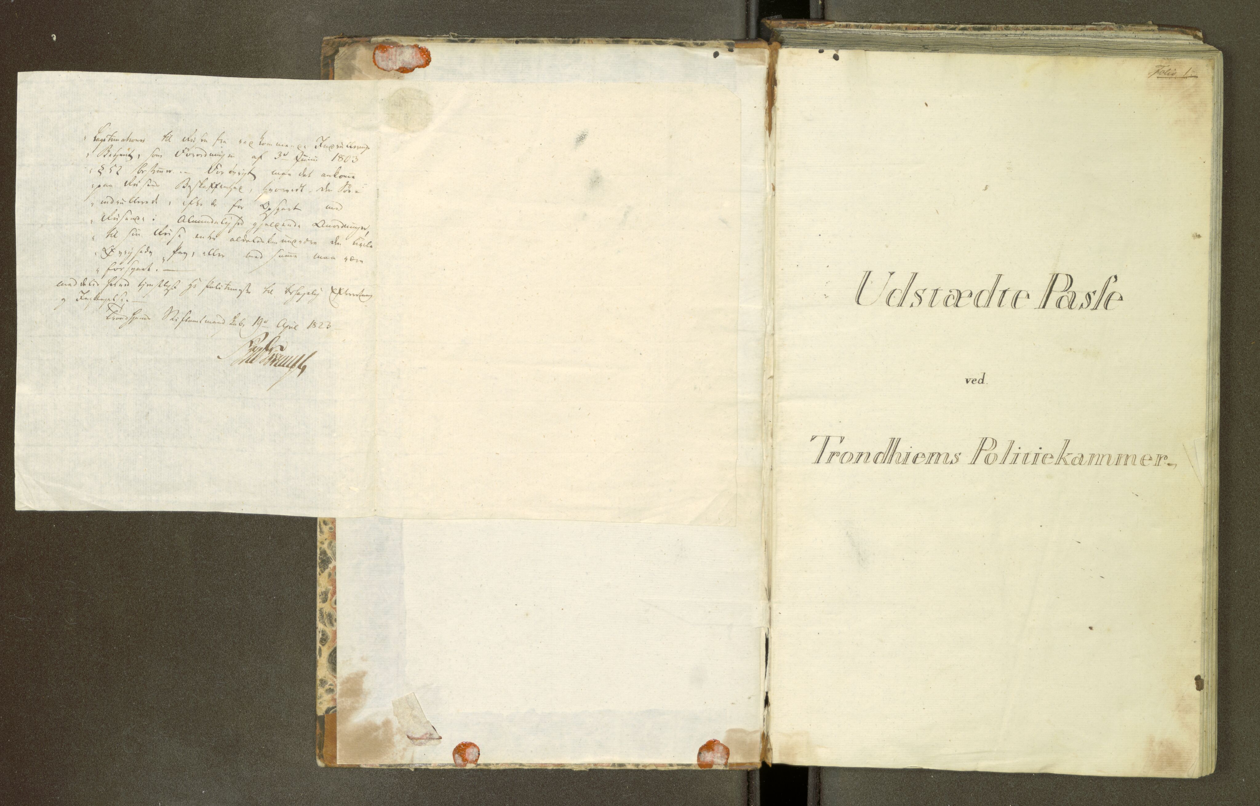 Trondheim politikammer, AV/SAT-A-1887/1/30/L0004: Passprotokoll. Første del:utstedtete pass. Andre del :innleverte/fornyede, 1827-1830, p. 1a