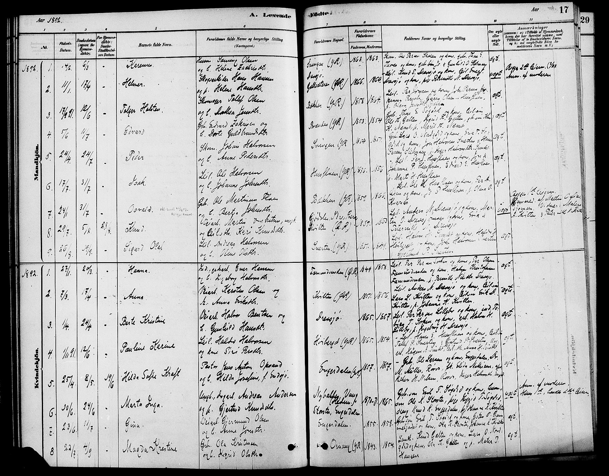 Rendalen prestekontor, SAH/PREST-054/H/Ha/Haa/L0007: Parish register (official) no. 7, 1878-1898, p. 17