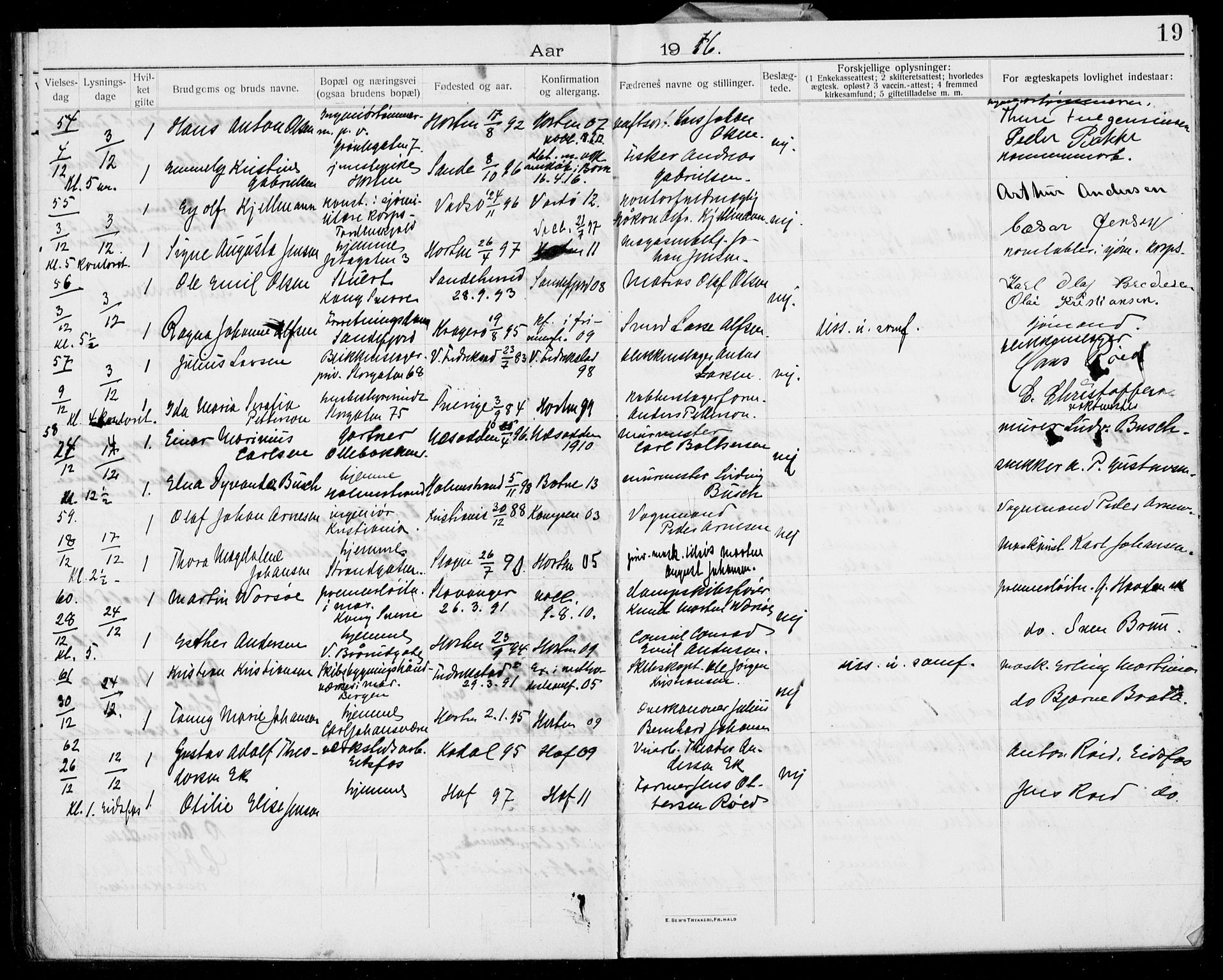 Horten kirkebøker, AV/SAKO-A-348/H/Ha/L0005: Banns register no. 5, 1914-1923, p. 19