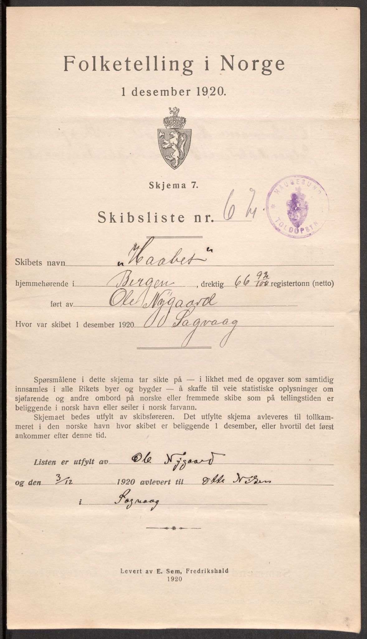 SAST, 1920 census for Haugesund, 1920, p. 45435