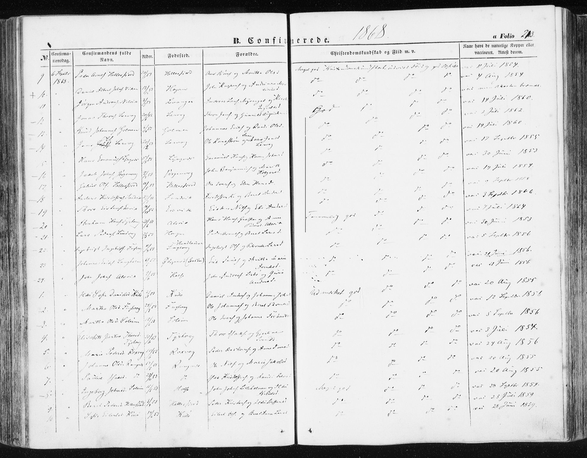 Ministerialprotokoller, klokkerbøker og fødselsregistre - Møre og Romsdal, AV/SAT-A-1454/581/L0937: Parish register (official) no. 581A05, 1853-1872, p. 213