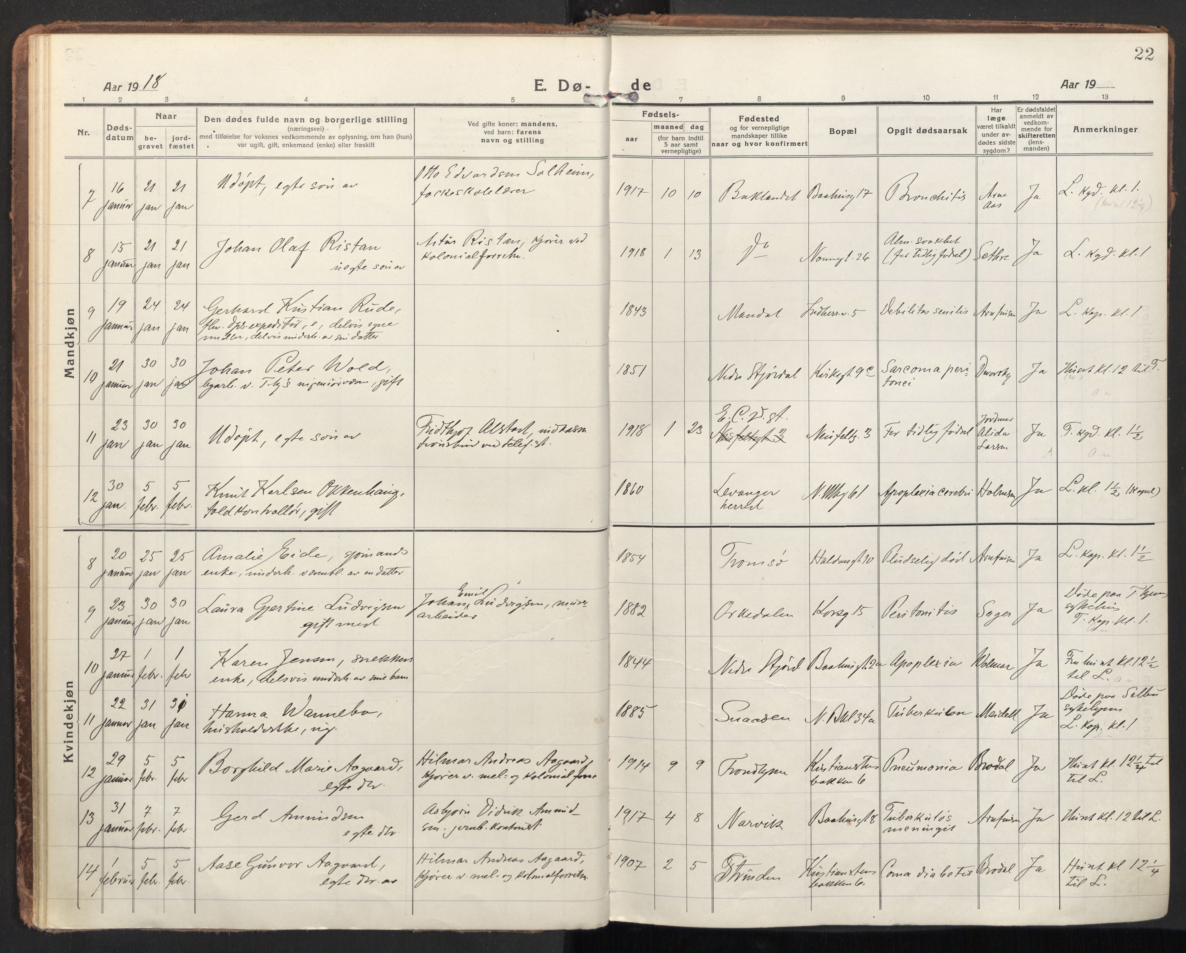 Ministerialprotokoller, klokkerbøker og fødselsregistre - Sør-Trøndelag, SAT/A-1456/604/L0207: Parish register (official) no. 604A27, 1917-1933, p. 22